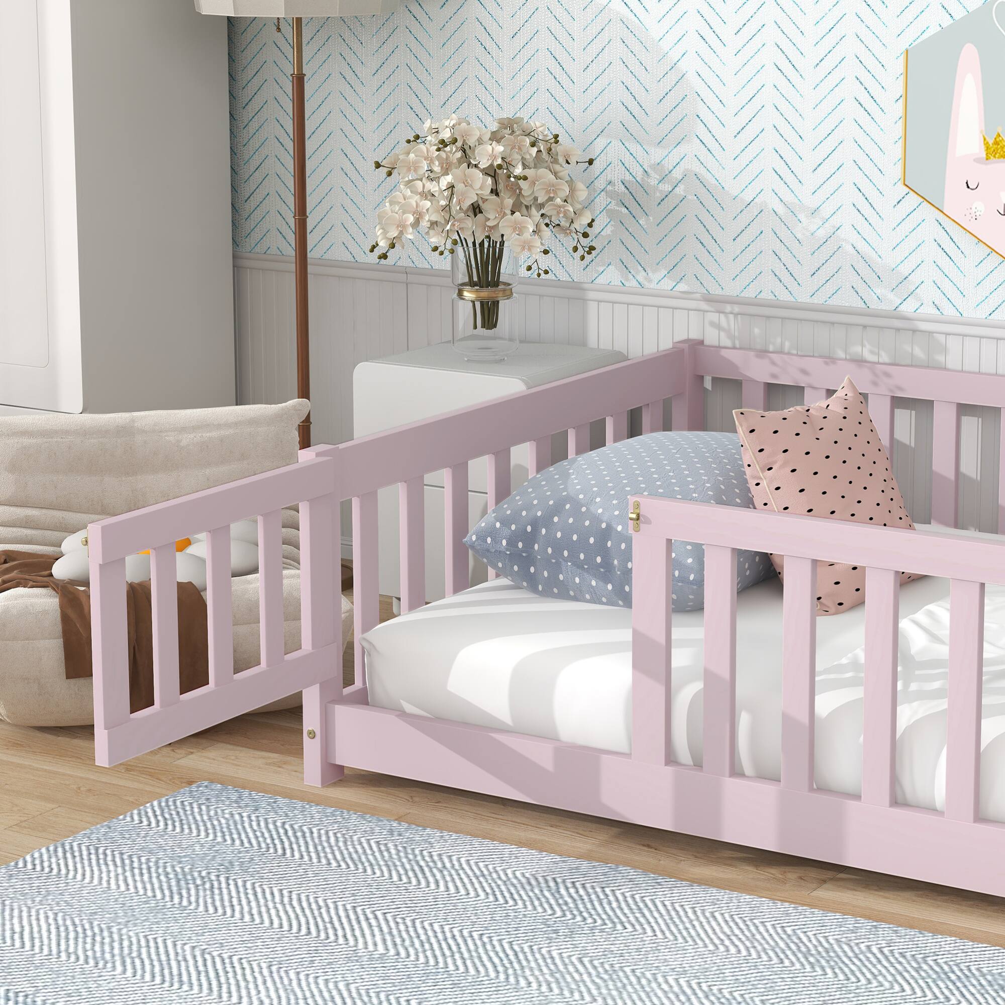 Alt View 2. GOODSILO - Twin Size Low-Profile Children's Floor Bed with Safety Guardrails and Entry Door, Natural Wood Finish - Pink.