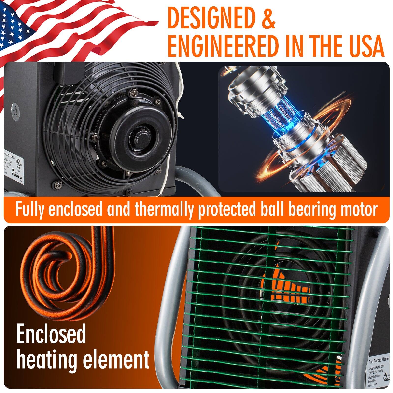 DESIGNED & ENGINEERED IN THE USA

Fully enclosed and thermally protected ball bearing motor

Enclosed heating element