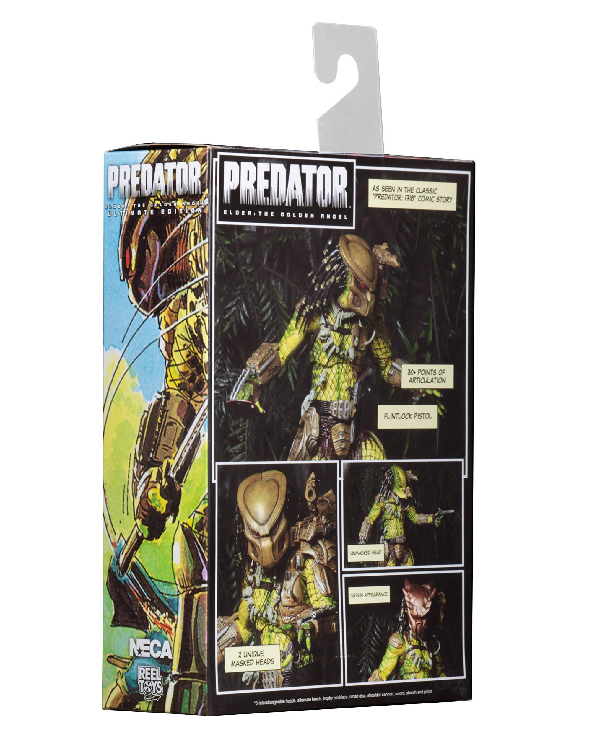 PREDATOR  
NCIND PREDATOR AS PREDATOR SEEN IN THE R8 CLASSIC COMIC STORY  
10000 THE ULTIMATE EDITION ELDER THE GOLDEN ANGEL  
30+ POINTS OF ARTICULATION  
FLINTLOCK PISTOL  
UNMASKED HEAD  
2 UNIQUE MASKED HEADS  
NECA REEL TOYS  
- HPE  
- neck  
- smart  
- coddr  
- spily  
- Intersenpeatee