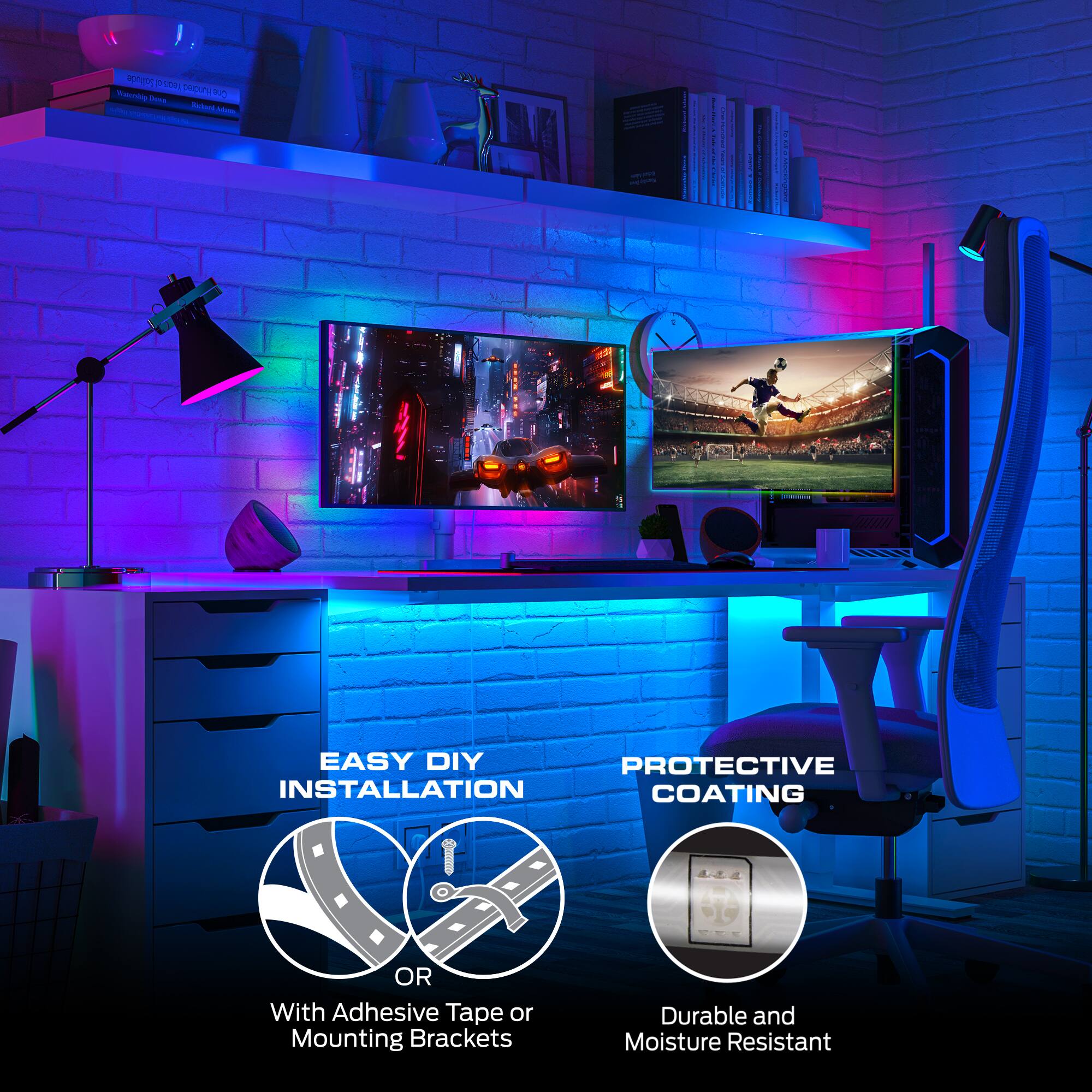 EASY DIY INSTALLATION  
OR  
With Adhesive Tape or Mounting Brackets  

PROTECTIVE COATING  
Durable and Moisture Resistant