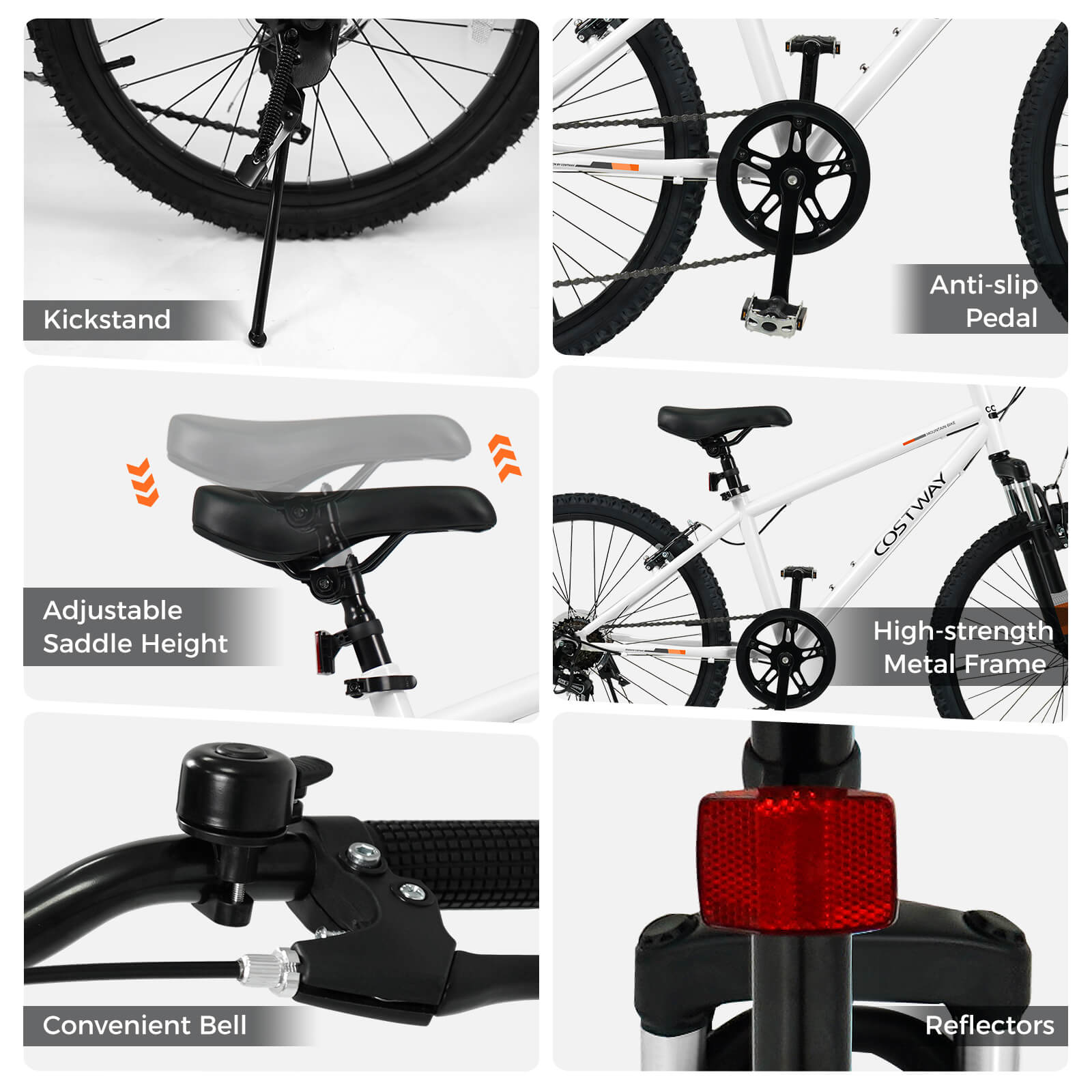 - Kickstand
- Anti-slip Pedal
- Adjustable Saddle Height
- High-strength Metal Frame
- Convenient Bell
- Reflectors