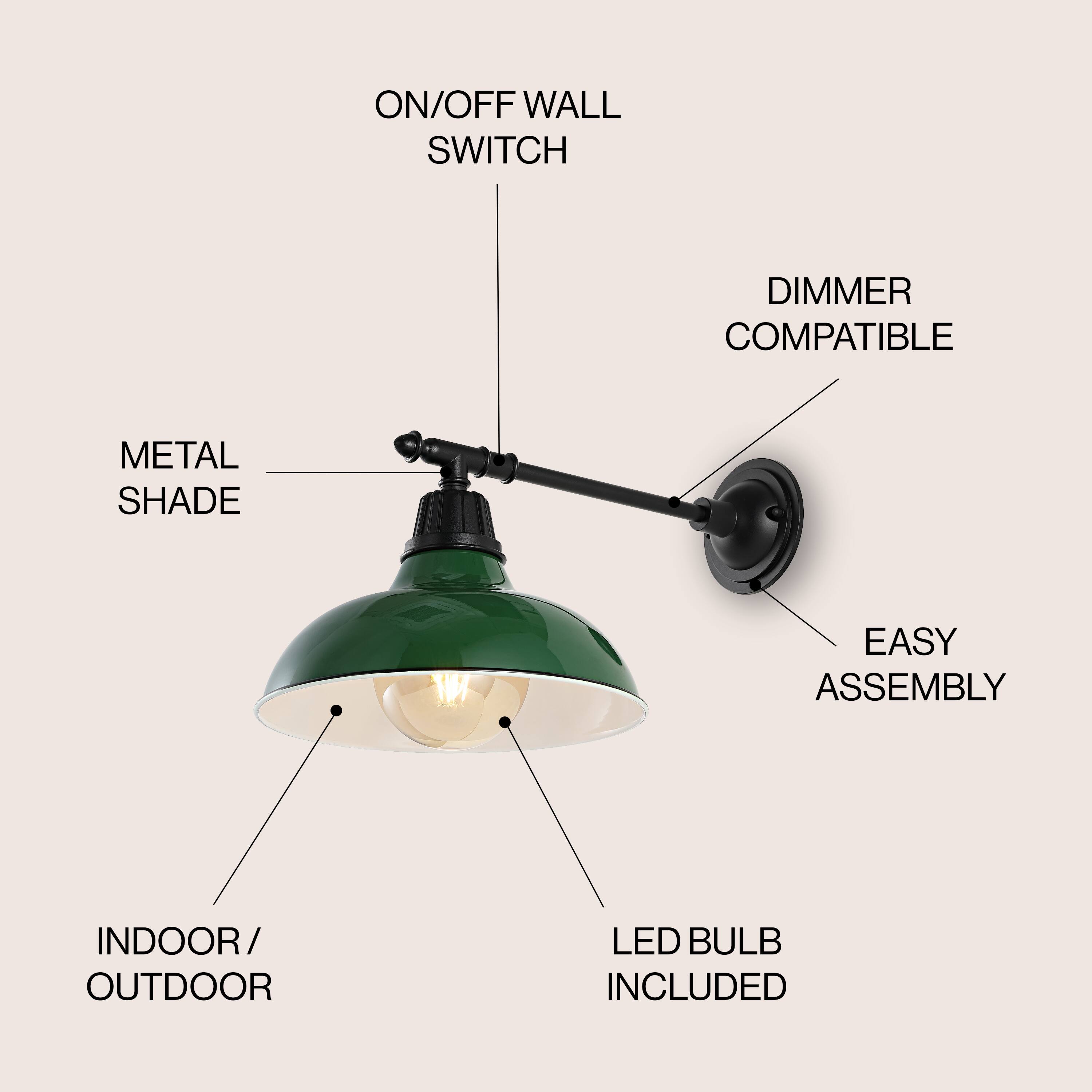 ON/OFF WALL SWITCH, DIMMER COMPATIBLE, METAL SHADE, EASY ASSEMBLY, INDOOR/OUTDOOR, LED BULB INCLUDED