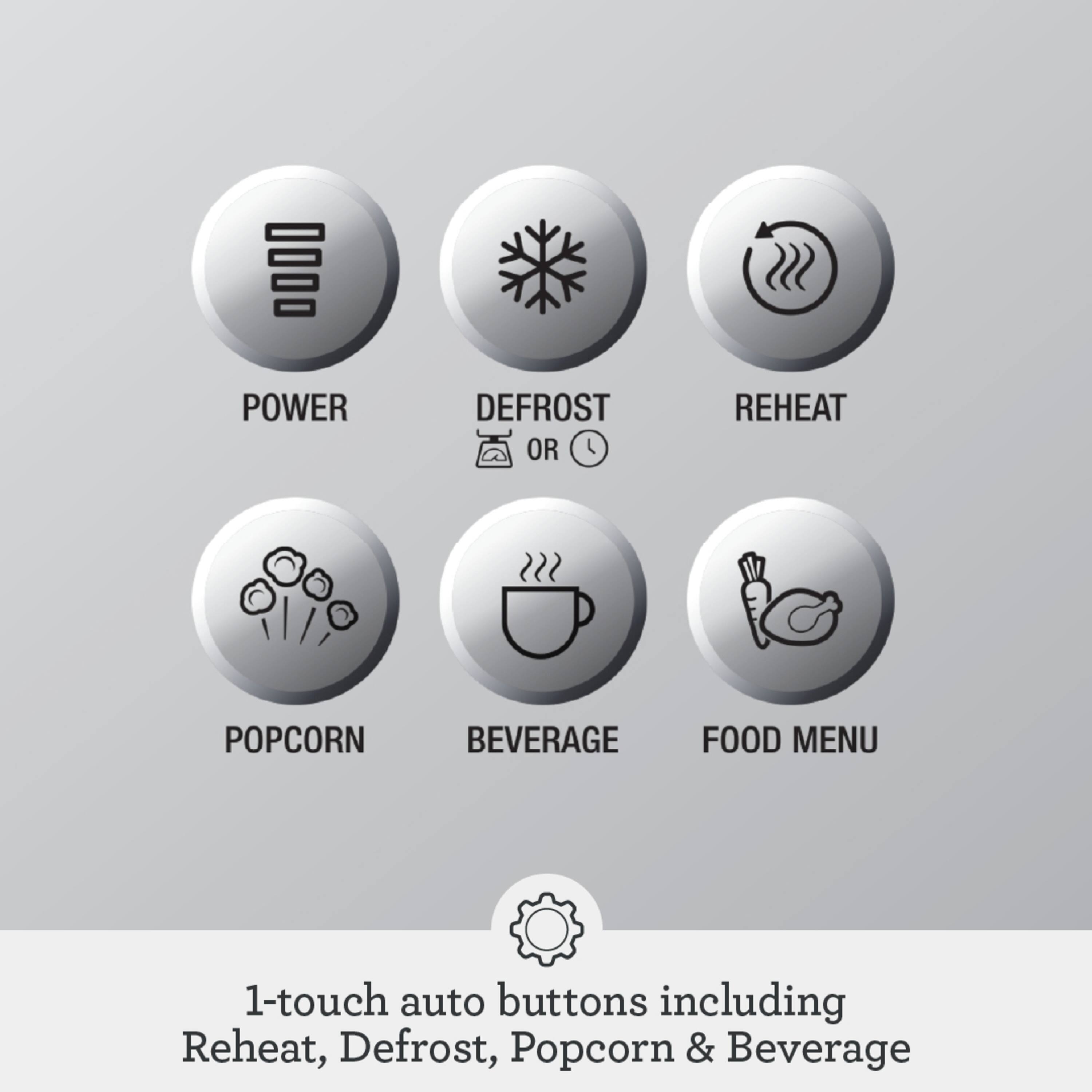F POWER DEFROST OR REHEAT POPCORN BEVERAGE FOOD MENU 1-touch auto buttons including Reheat, Defrost, Popcorn & Beverage