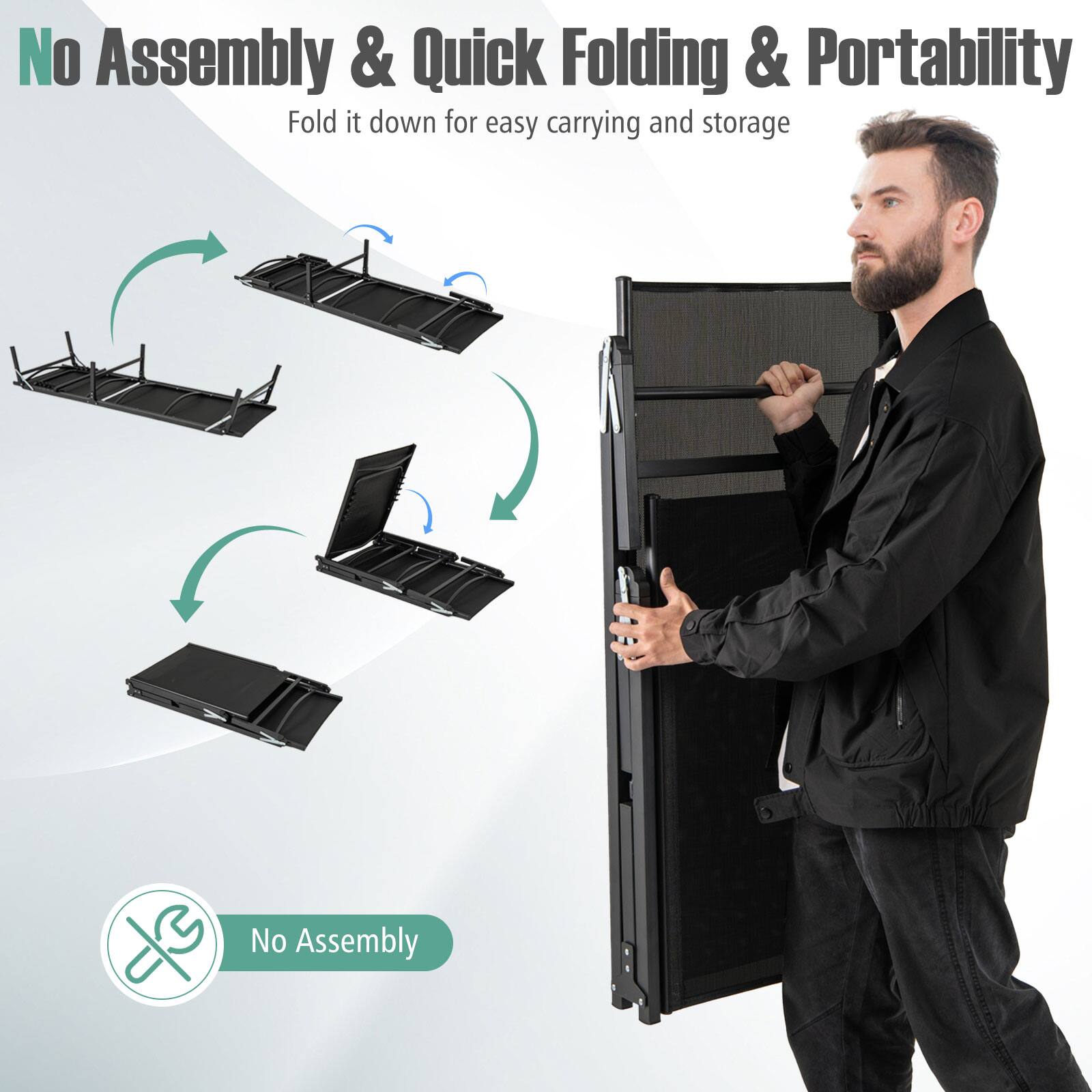 No Assembly & Quick Folding & Portability  
Fold it down for easy carrying and storage  

No Assembly