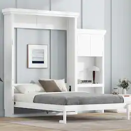 Whisen - Queen Size Murphy Bed, Space-Saving Folding Bed Frame with Integrated Storage Shelves, Louvered Design - White