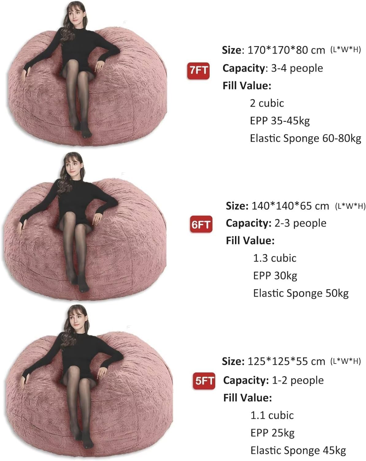 Sure, here is the corrected and grouped text:

---

**Size: 170*170*80 cm (L*W*H)**  
**Capacity: 3-4 people**  
**Fill Value:**  
- 2 cubic  
- EPP 35-45kg  
- Elastic Sponge 60-80kg  

**Size: 140*140*65 cm (L*W*H)**  
**Capacity: 2-3 people**  
**Fill Value:**  
- 1.3 cubic  
- EPP 30kg  
- Elastic Sponge 50kg  

**Size: 125*125*55 cm (L*W*H)**  
**Capacity: 1-2 people**  
**Fill Value:**  
- 1.1 cubic  
- EPP 25kg  
- Elastic Sponge 45kg  

---