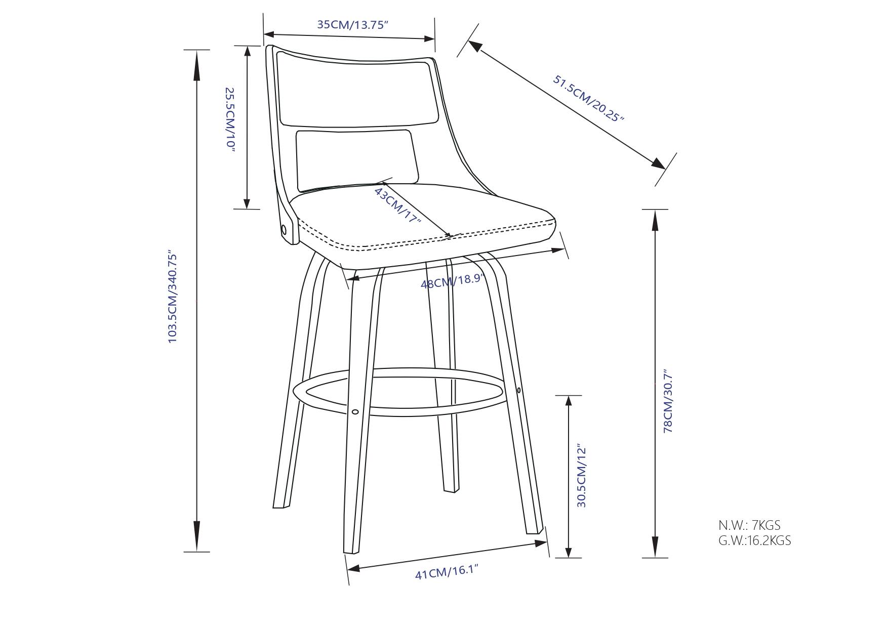 - 35CM/13.75"
- 103.5CM/340.75"
- 25.5CM/10"
- 43CM/17"
- 48CM/18.9
- 51.5CM/20.25"
- 30.5CM/12"
- 78CM/30.7"
- 41CM/16.1"
- 30.5CM/12"
- N.W.: 7KGS
- G.W.: 16.2KGS