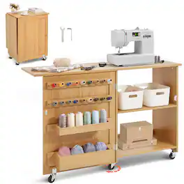 VEVOR - Folding Sewing Table, Multipurpose Sewing Machine Table with Compact Design, Wheels, Shelves, Storage Trays, Wooden Pegs - Wood