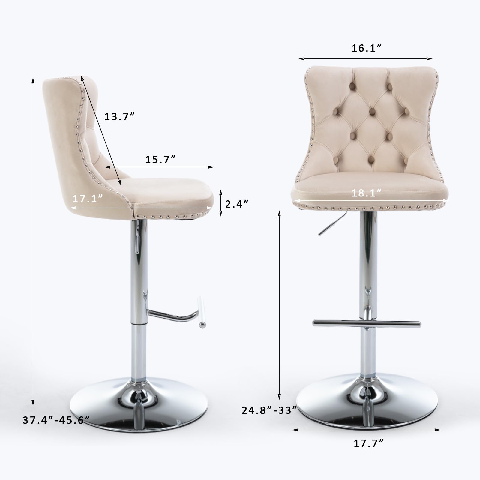 16.1"  
13.7"  
15.7"  
17.1"  
2.4"  
18.1"  
37.4"-45.6"  
24.8"-33"  
17.7"