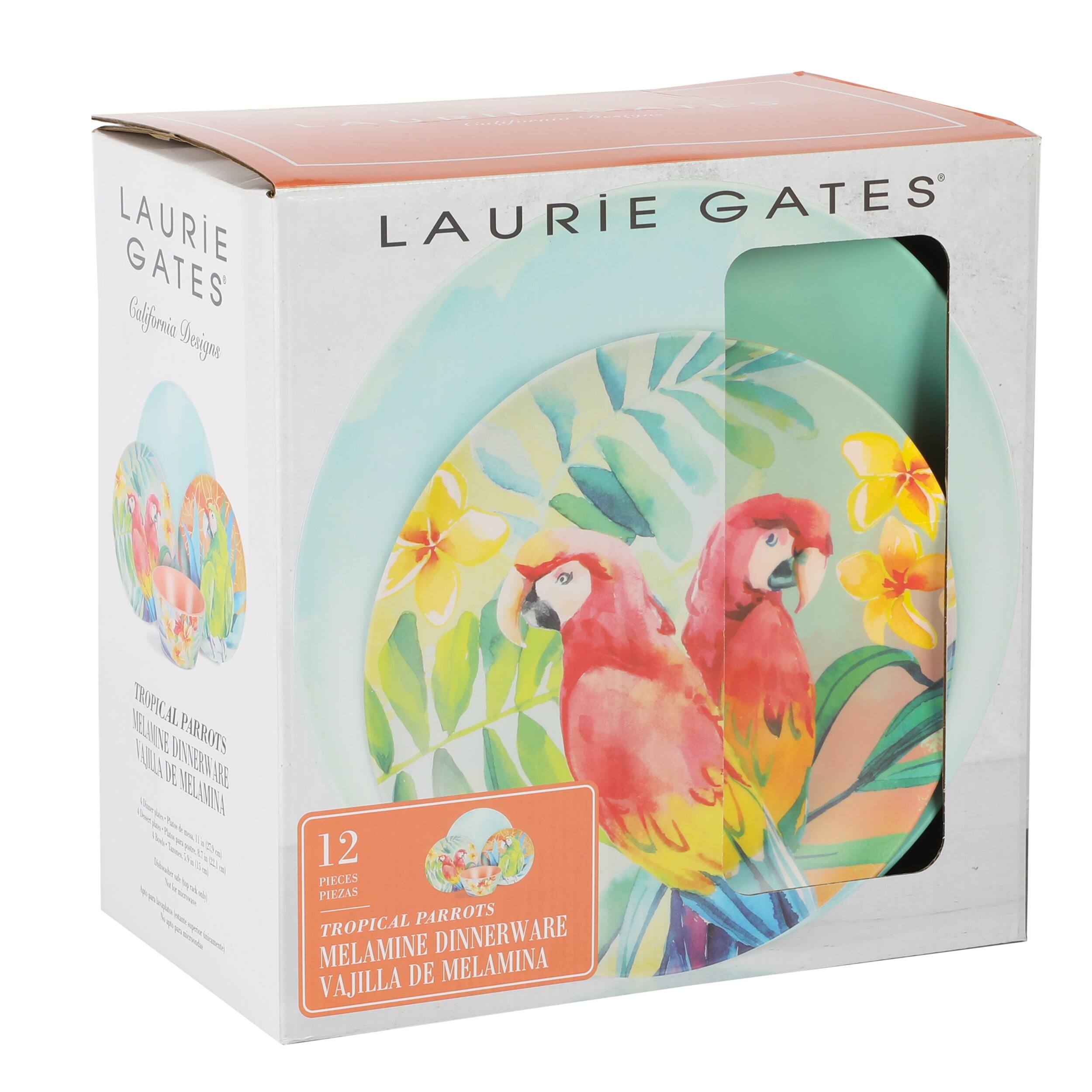 I LAURIE GATES California Designs LAURIE GATES TROPICAL PARROTS MELAMINE DINNERWARE - 12 PIECES PIEZAS TROPICAL PARROTS MELAMINE DINNERWARE VAJILLA DE MELAMINA