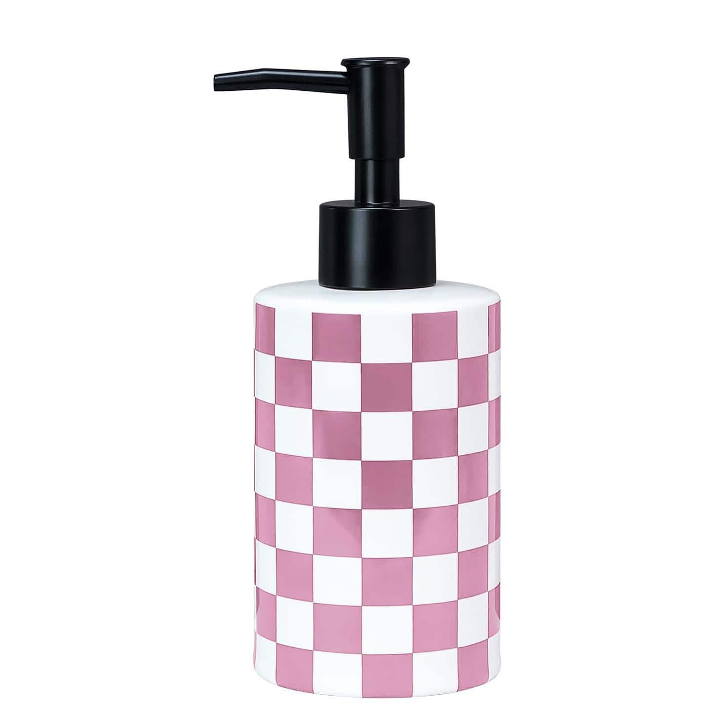 Dapper Styles - Checke Soap Dispenser With Pump And Ceramic Bottle For Kitchen Bathroom Hand Containers - Pink and White Checkered Soap Dispenser