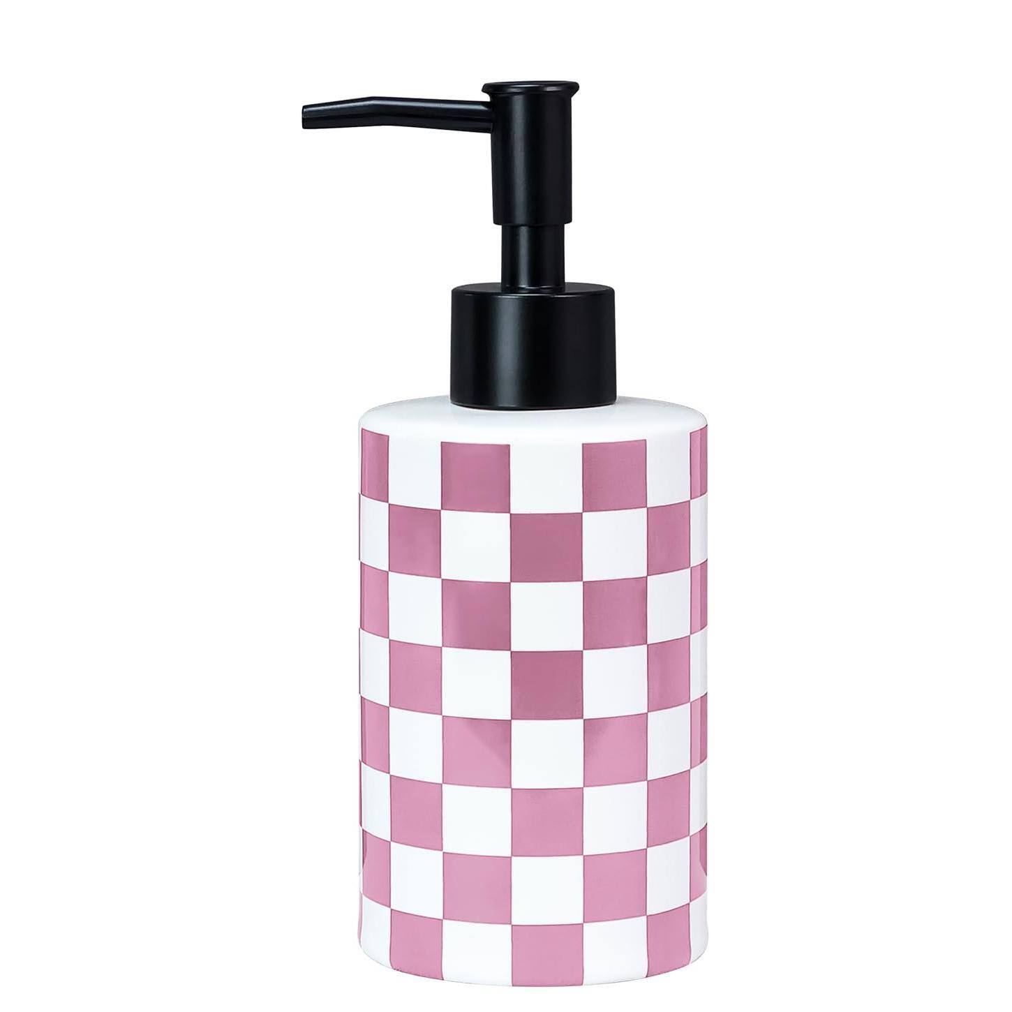 Dapper Styles - Checke Soap Dispenser With Pump And Ceramic Bottle For Kitchen Bathroom Hand Containers - Pink and White Checkered Soap Dispenser