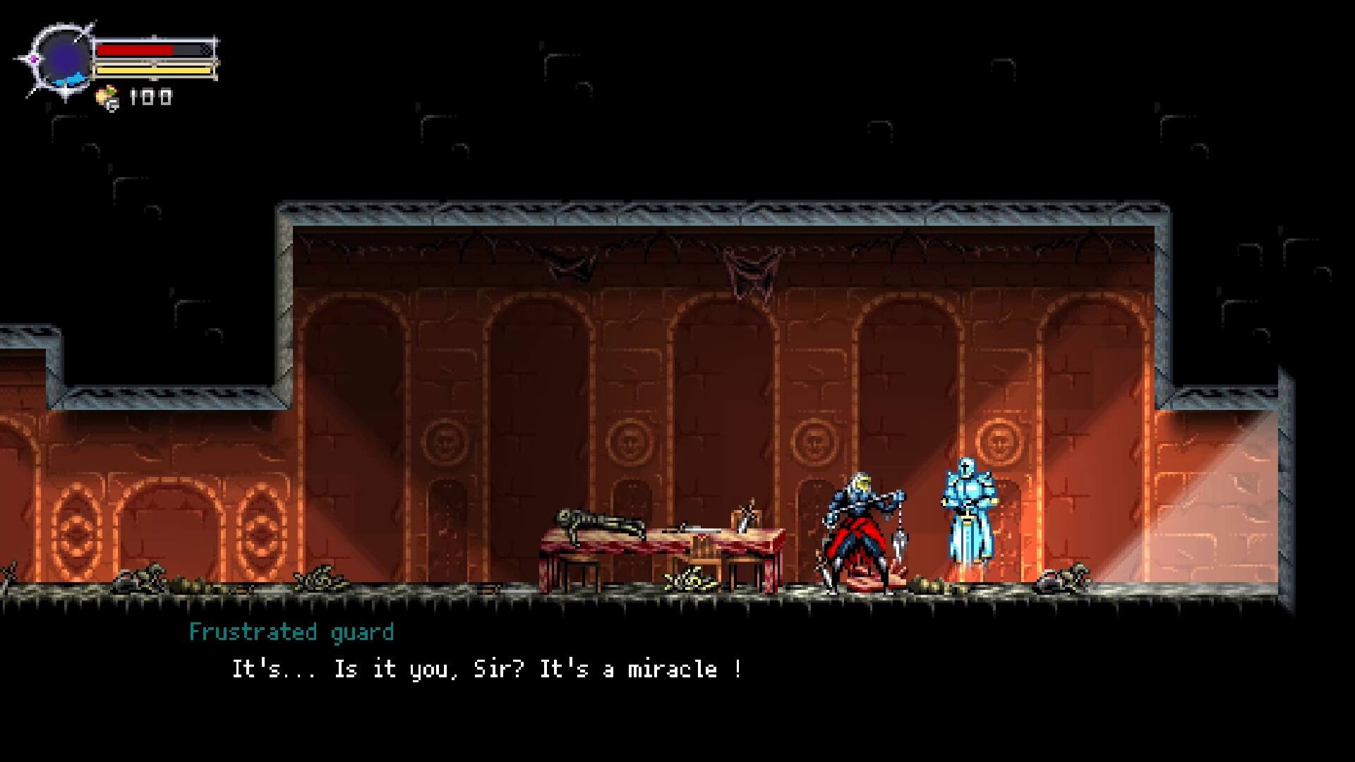 The text on the image can be grouped and corrected as follows:

100 G  0 Frustrated guard It's... Is it you, Sir? It's a miracle!