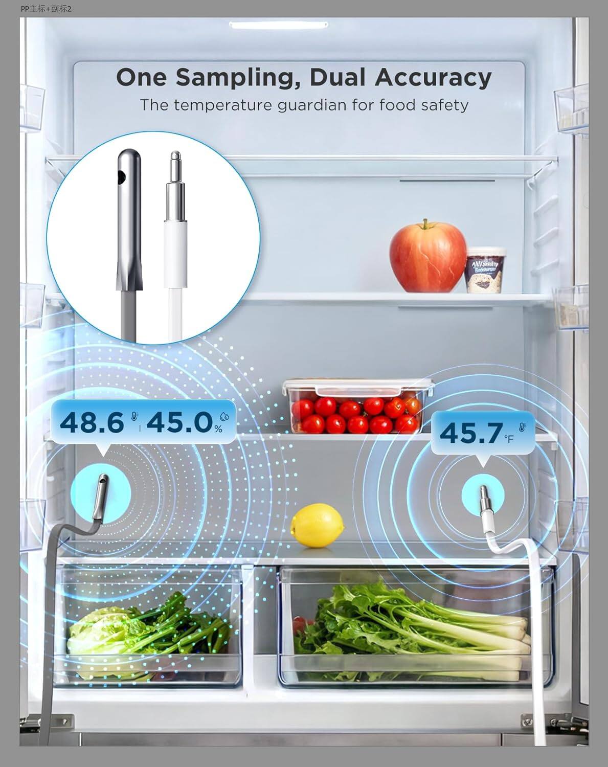 One Sampling, Dual Accuracy  
The temperature guardian for food safety  

48.6° | 45.0%  
45.7°F