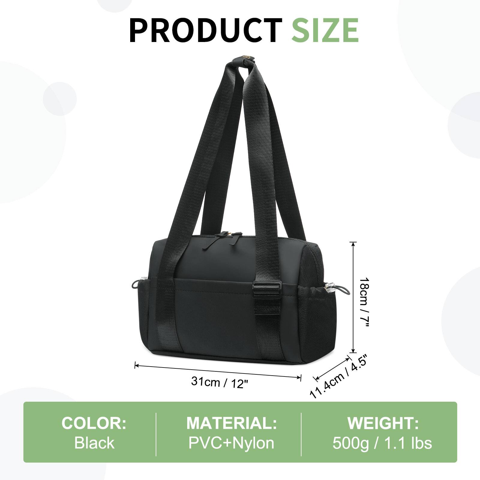 PRODUCT SIZE

COLOR: Black

MATERIAL: PVC+Nylon

WEIGHT: 500g / 1.1 lbs

18cm / 7"  
31cm / 12"  
11.4cm / 4.5"