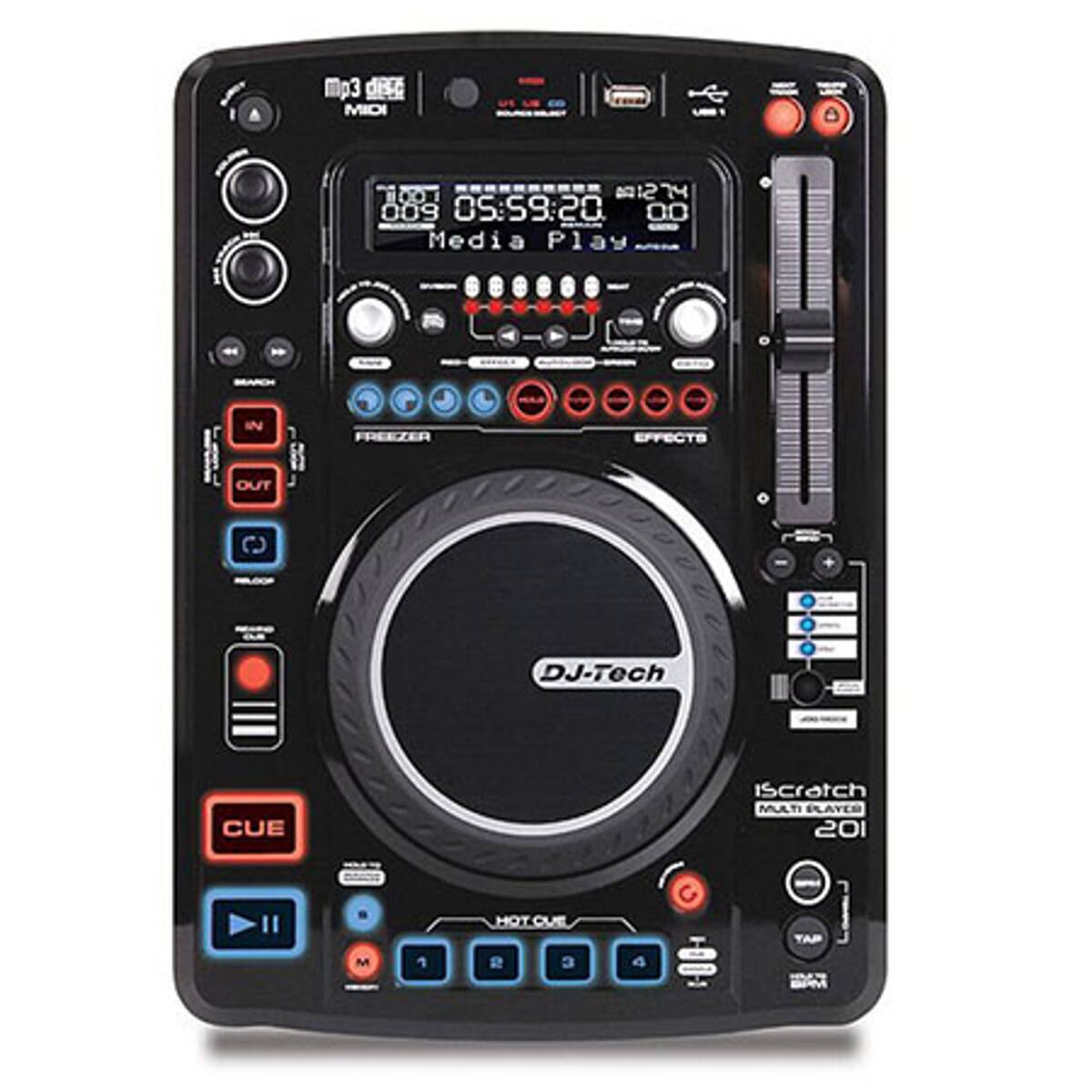 Mp3 disc MIDI 4 noO. MSIm 74 O09 SS:S9:20 80 Media Play IN FREEZER EFFECTS OUT 0 DJ-Tech CUE IScratch MULTI PLAYER 201 I M 1 HOT CUE R C TAP