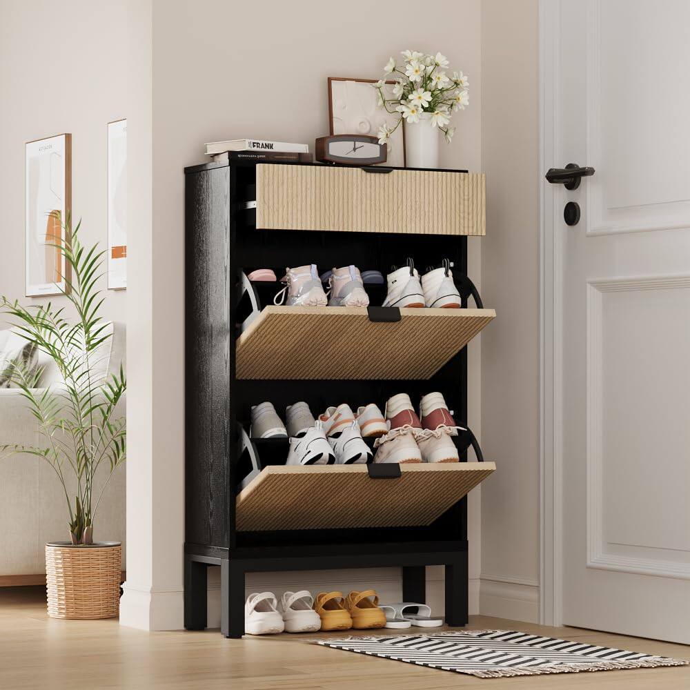 Alt View 5. Babevy - Shoe Storage Cabinet with 2 Flip Drawers, Farmhouse Fluted Shoe Organizer with Metal Legs - Black+Oak.