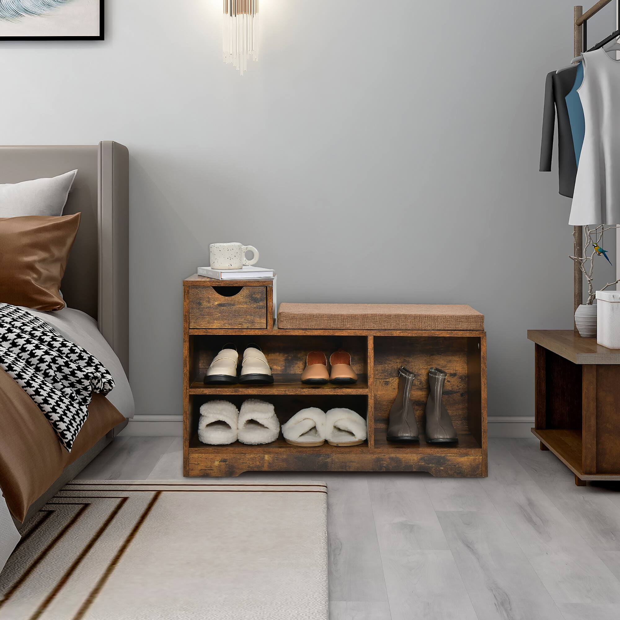 Alt View 18. Costway - 2-tier Shoe Bench Storage Shoe Rack Organizer Cabinet with Cushion for Entryway - Rustic Brown.