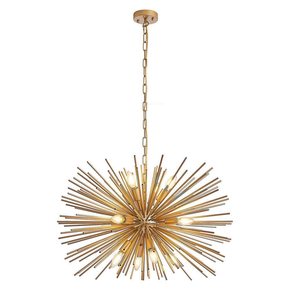 Left. Kadyn - 29" Mid-Century Modern 12-Light Starburst Chandelier – Gold Sputnik Pendant Light Fixture, Gold - Gold.