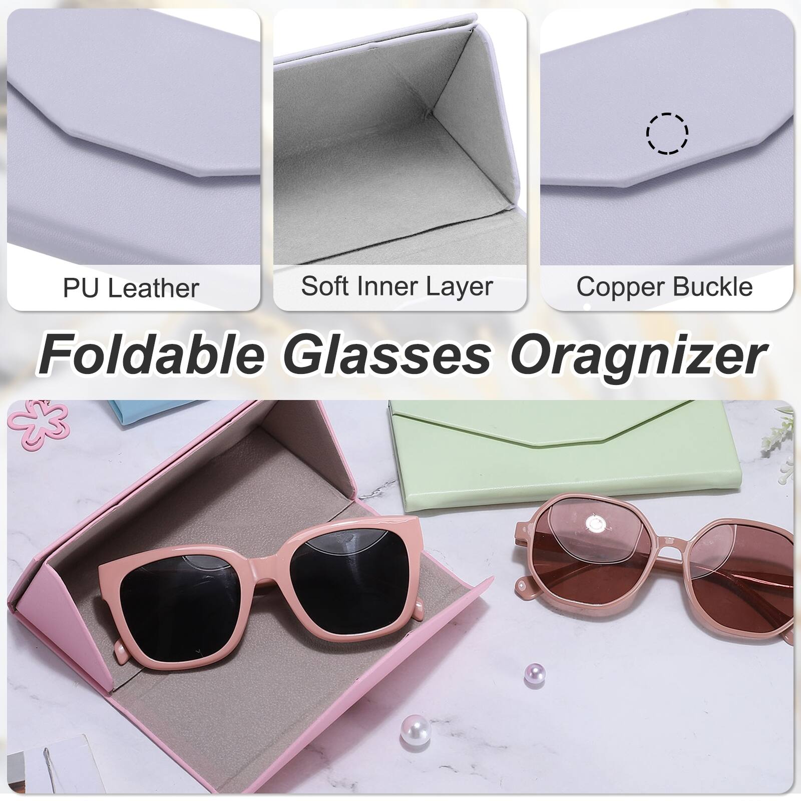 PU Leather Soft Inner Layer Copper Buckle Foldable Glasses Organizer