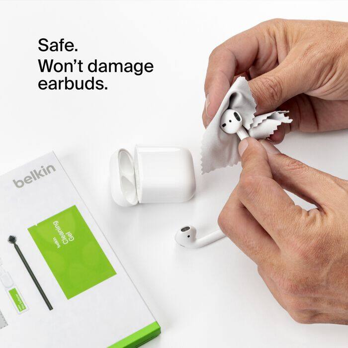 Safe. Won't damage earbuds.  
belkin Cleaning Gel