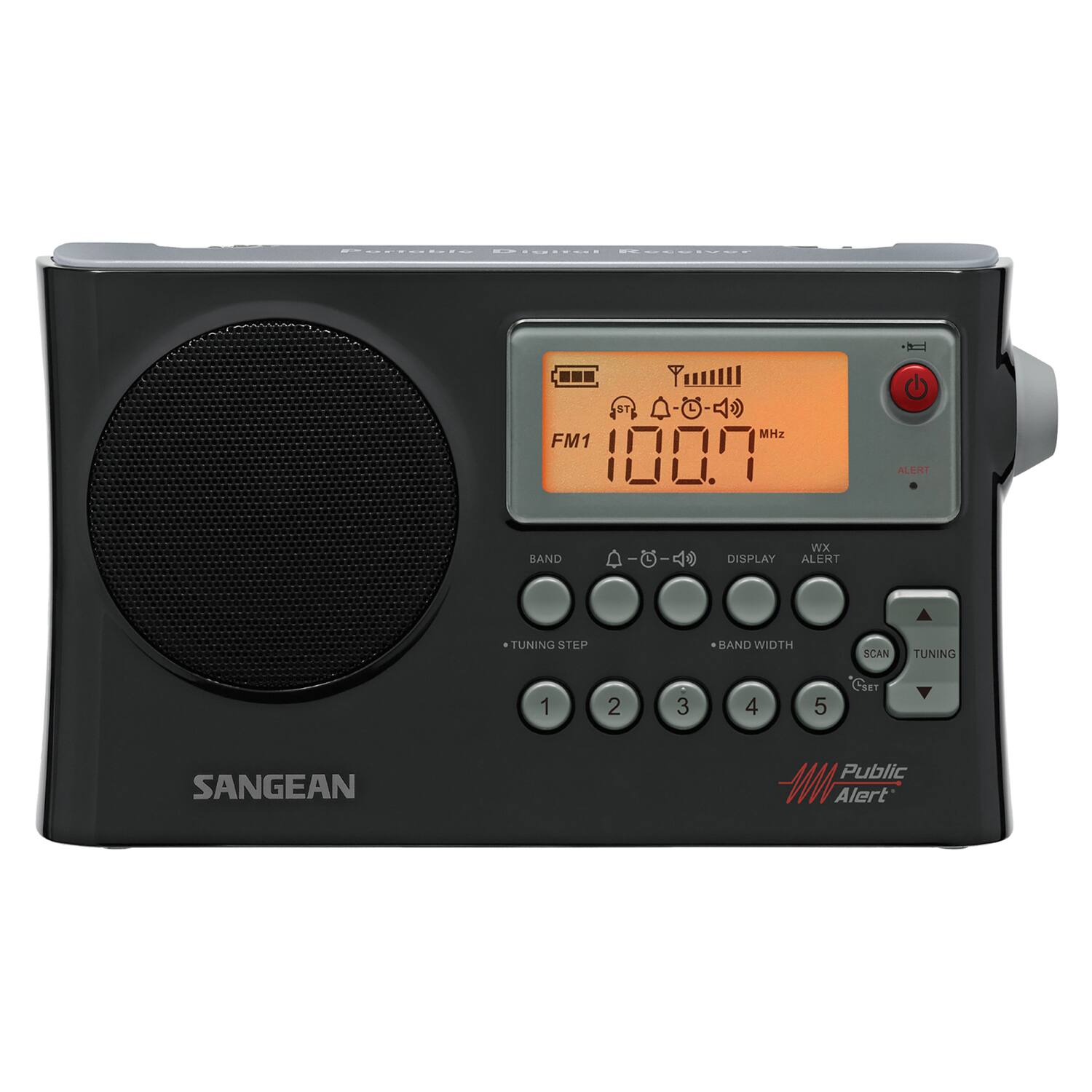 SANGEAN Public Alert

FM1 100.7 MHz

ALERT AL BAND e

WX DISPLAY ALERT TUNING 488 BAND WIDTH SCAN TUNING 1 2 3 4 5

BAND STEP

TUNING

BAND WIDTH

SCAN

DISPLAY

ALERT