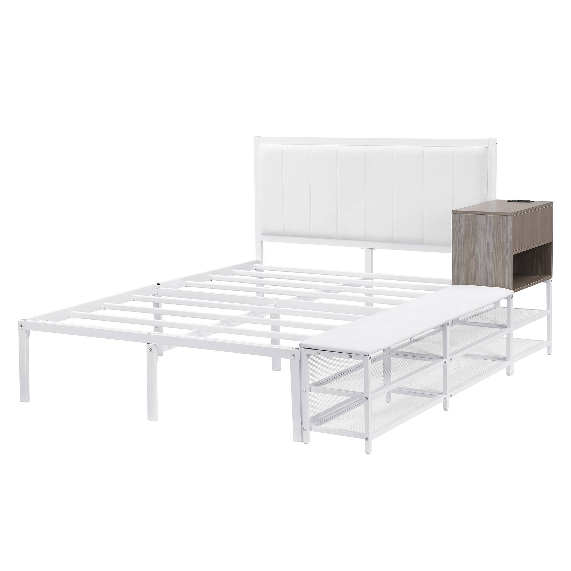 Back. Tiramisubest - Full size Metal Platform Bed with Two-Tier Storage Shelves, Wooden Storage Cabinet, White - White.