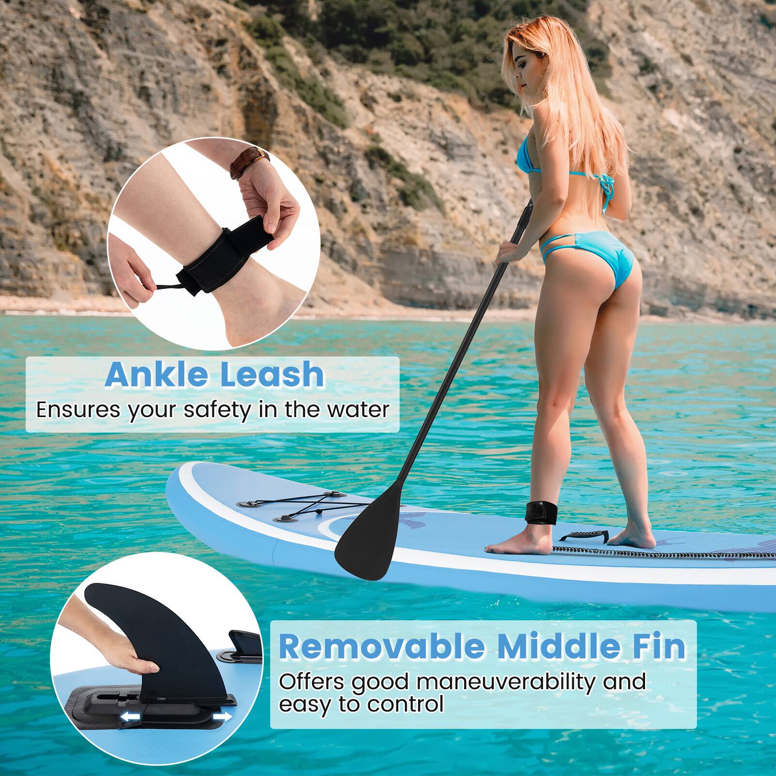 Ankle Leash  
Ensures your safety in the water

Removable Middle Fin  
Offers good maneuverability and easy to control