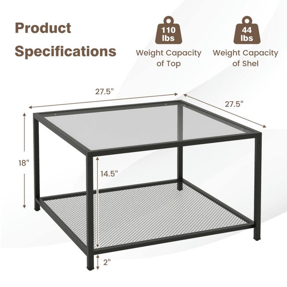 Product Specifications  
Weight Capacity: 110 lbs  
Weight Capacity of Top: 44 lbs  
Dimensions:  
- Length: 27.5"  
- Width: 27.5"  
- Height: 18"  
- Shelf Height: 14.5"  
- Leg Thickness: 2"