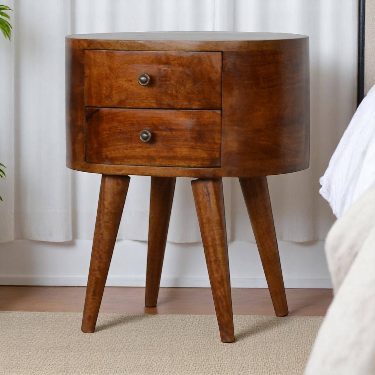 Alt View 6. Artisan Furniture - Artisan Furniture Solid Wood Chestnut Rounded Nightstand Table, 2 Drawers, Nordic Legs, Dark Brown - Chestnut.
