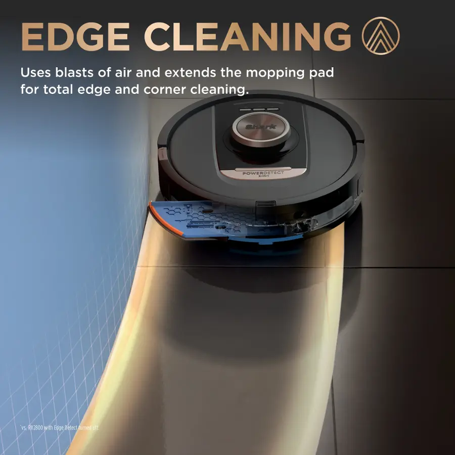 Edge Cleaning uses blasts of air and extends the mopping pad for total edge and corner cleaning. The Shark PowerDetection P.I.R.V.2800 with Edge Detection is turned off.
