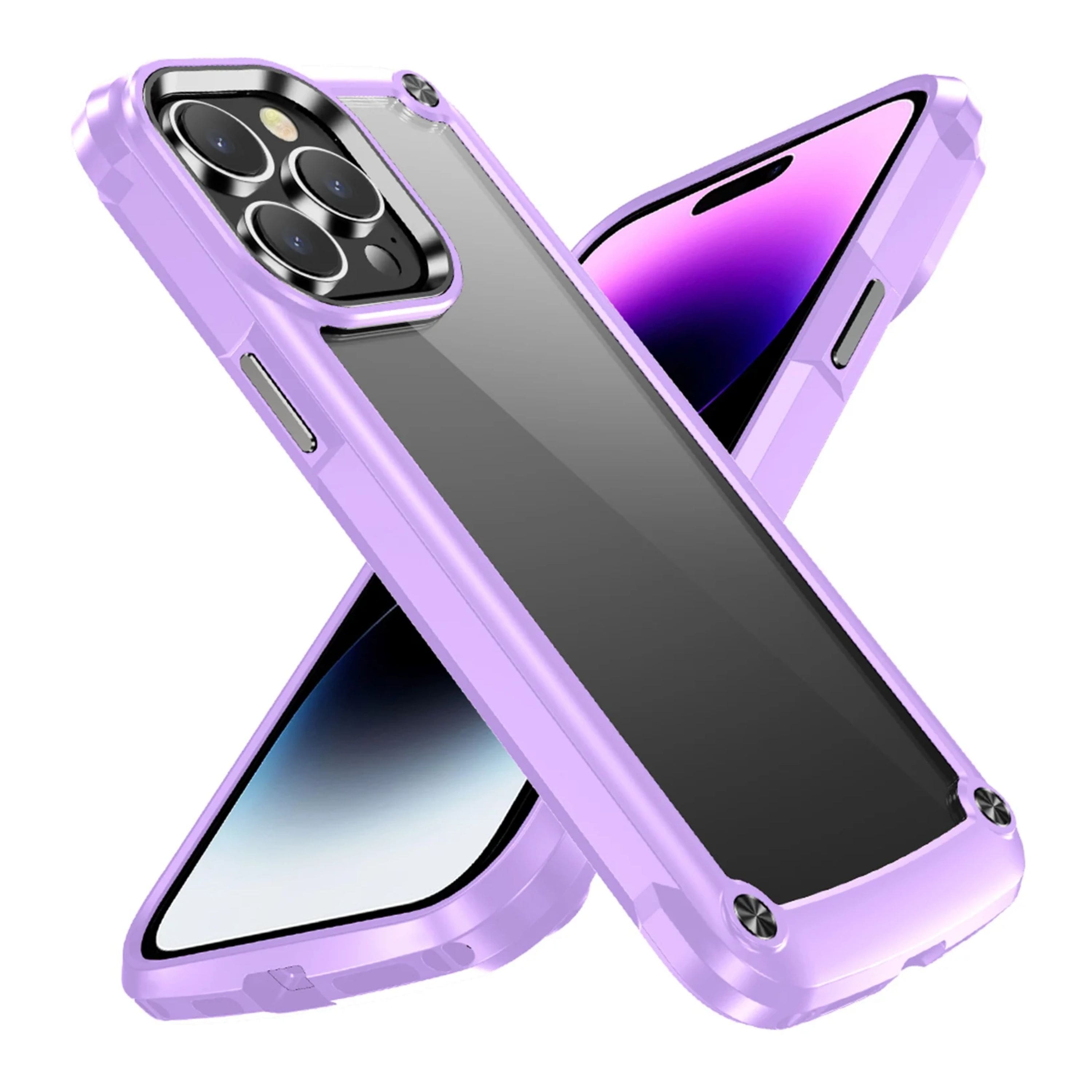 Kitcheniva - Hybrid Metal Buttons Raised Lip Phone Case With 2 Pcs Screen Protectors For iPhone 15 Pro Max - Light Purple