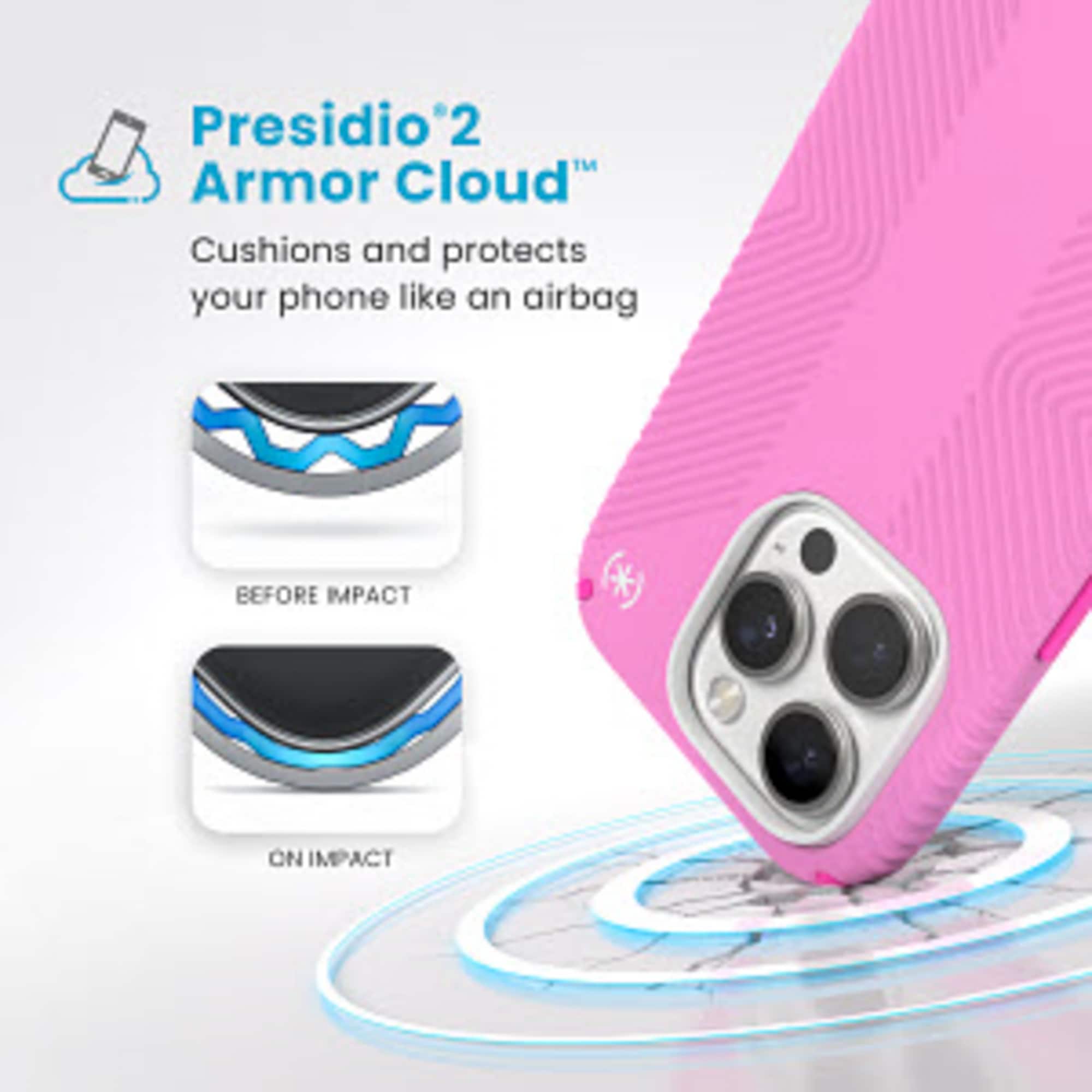 Presidio 2 Armor Cloud: Cushions and protects your phone like an airbag BEFORE IMPACT * ON IMPACT.