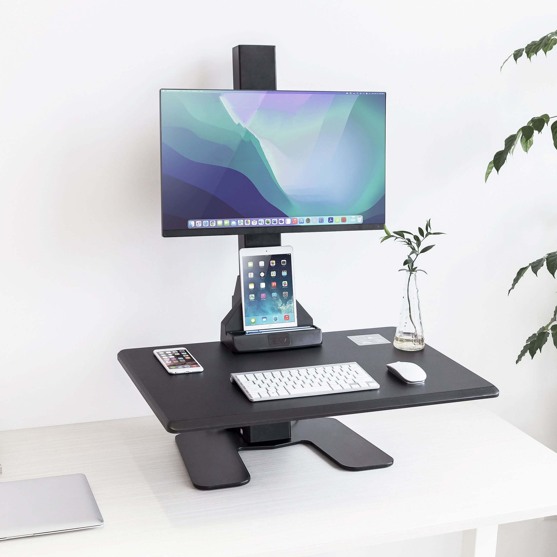 Left. Mount-It! - Electric Standing Desk Converter with Height Adjustment & Built-In Monitor Mount for Ergonomic Sit-Stand Work, Black - Black.