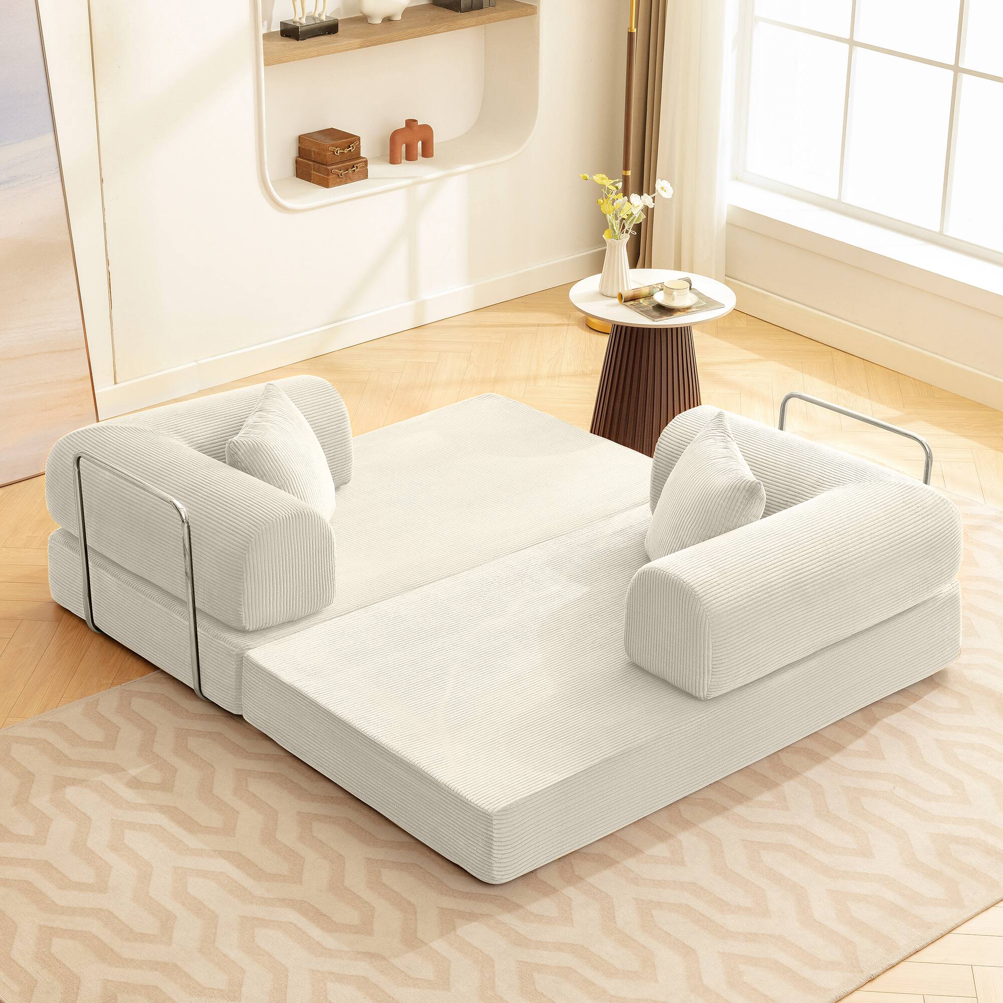 Left. Brick Attic - 4-in-1 Folding Convertible Floor Sofa Bed, 63 Inch Oversized Modern Fabric Boneless Couch for Living Room Bedroom Lounge - Beige.