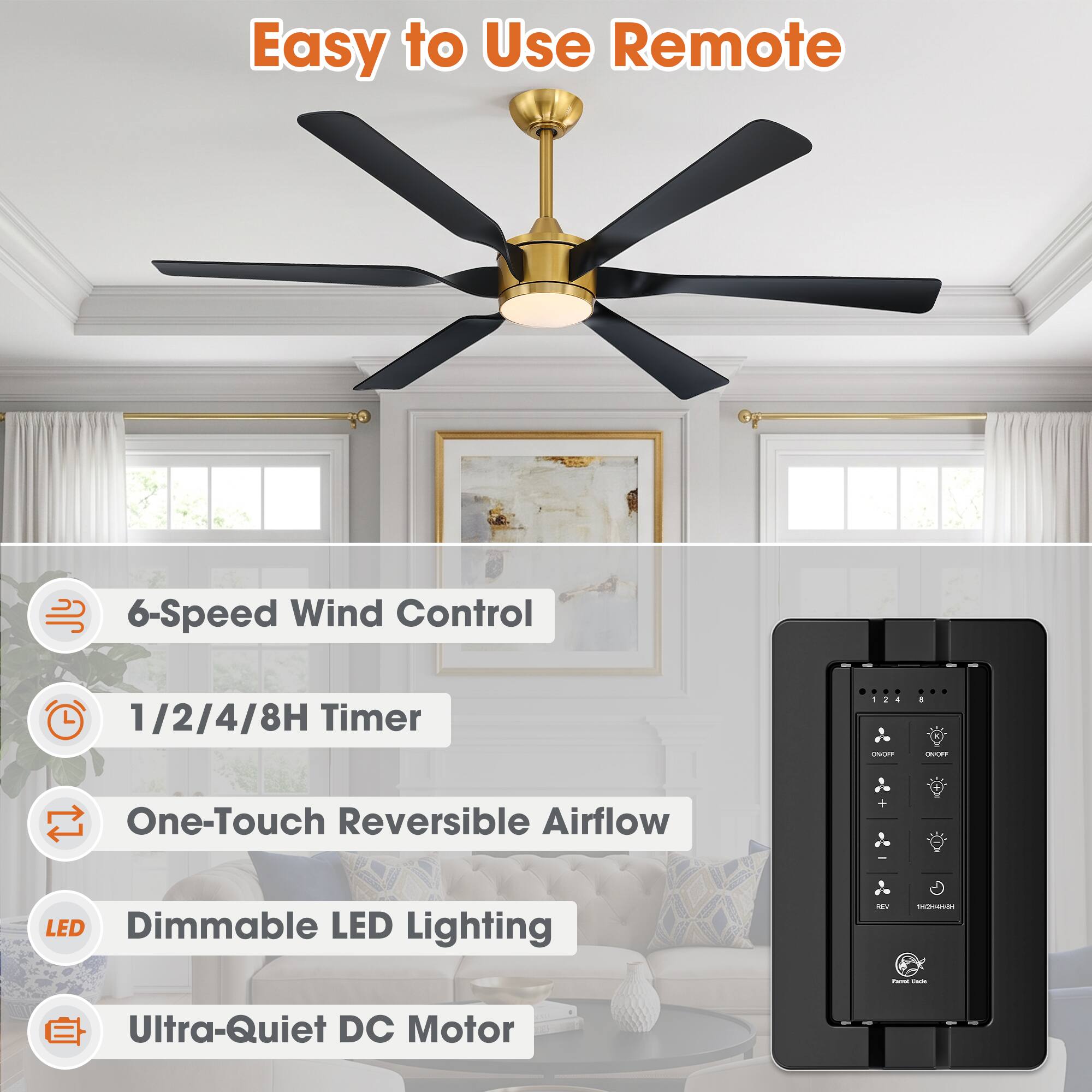 Easy to Use Remote

6-Speed Wind Control
1/2/4/8H Timer
ON/OFF
One-Touch Reversible Airflow
Dimmable LED Lighting
Ultra-Quiet DC Motor

14244481