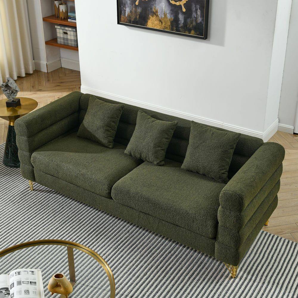 Alt View 1. Kadyn - 81" 3-Seater Sectional Sofa, Oversized Teddy Fabric with Deep Seating and 3 Accent Pillows, Green - Green.
