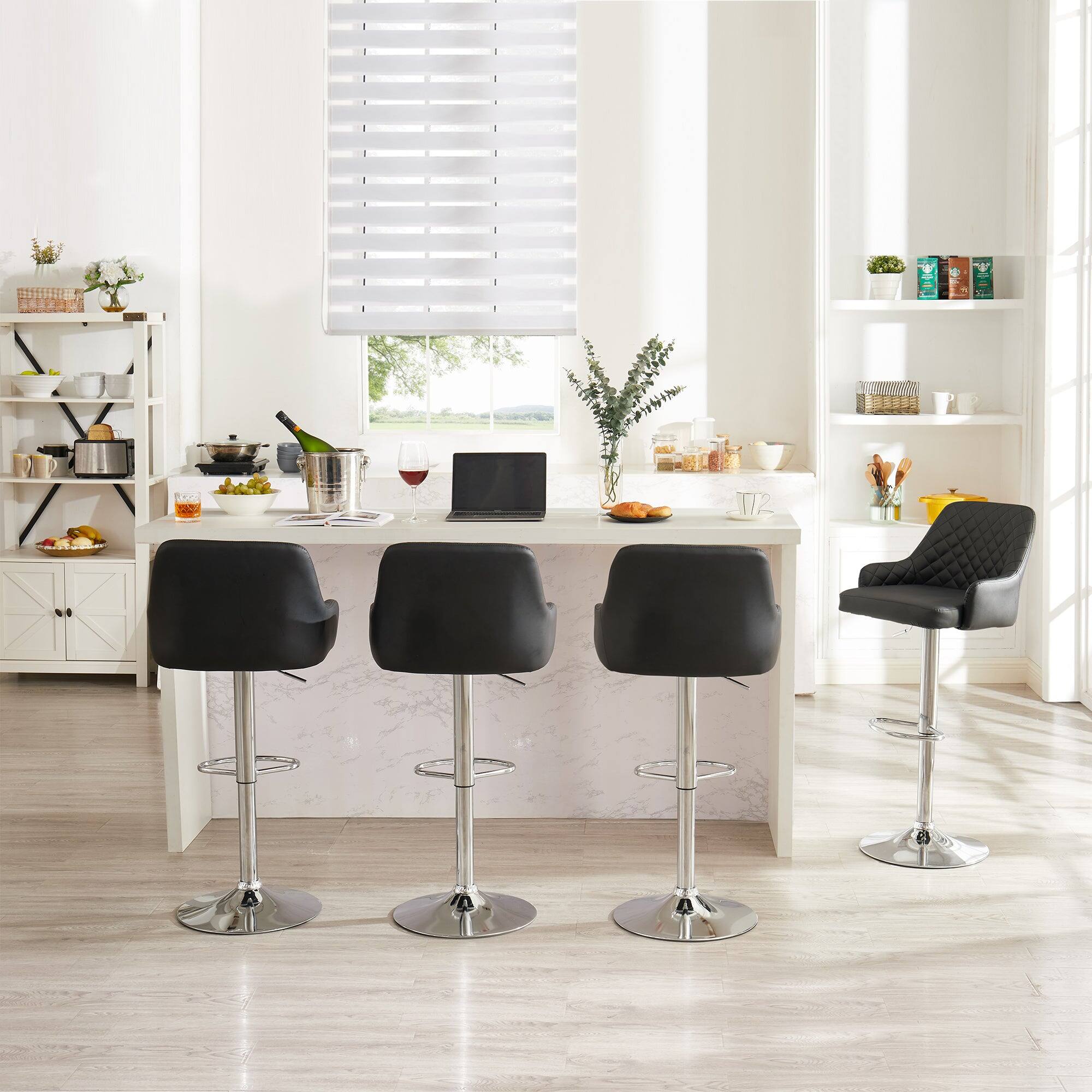Alt View 4. Vecelo - Set of 4 PU Leather Bar Stools - Adjustable Height Seats, 330lb Capacity, 360° Rotation - Black.