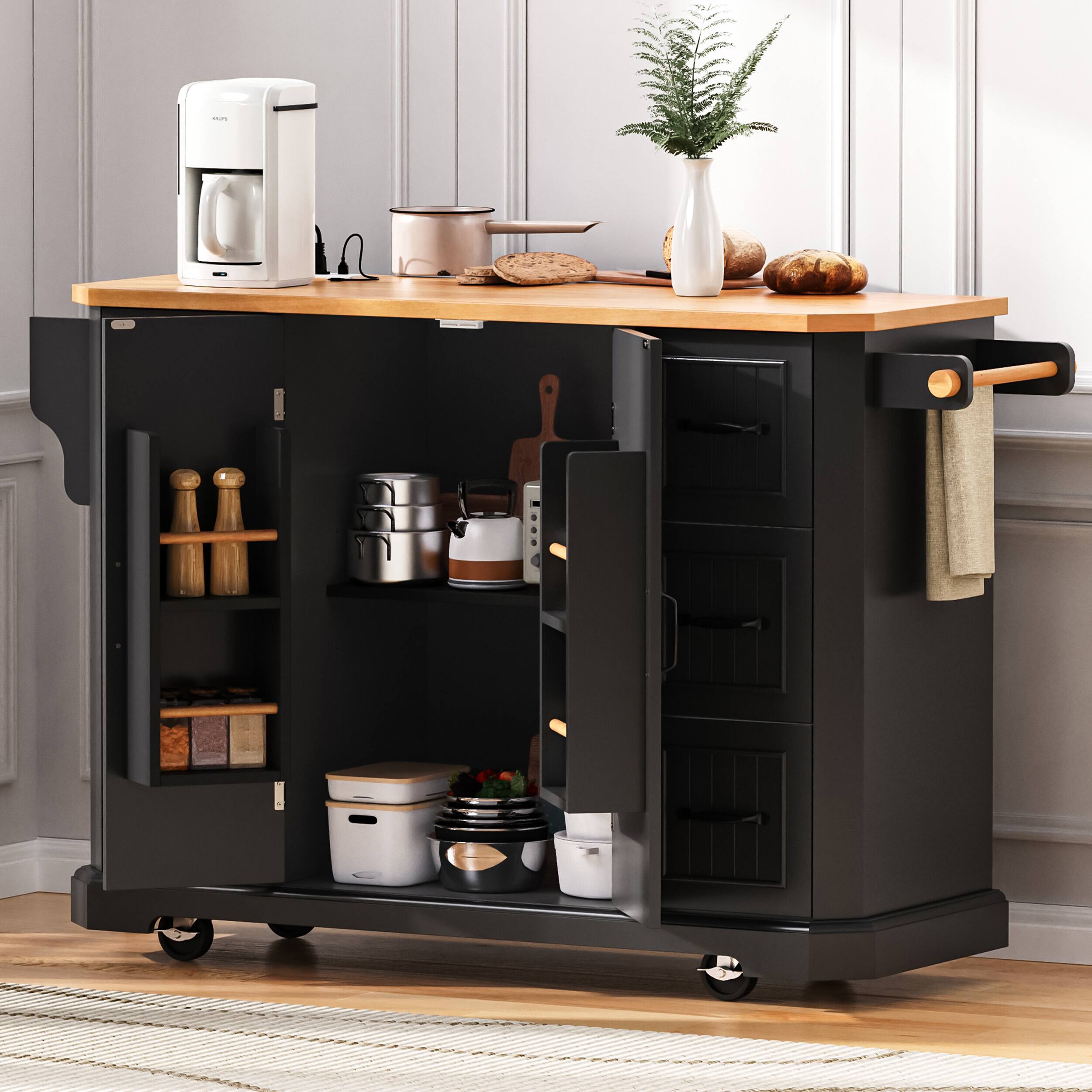 Angle. PexFix - 56" Kitchen Island with Power Outlet & Drop Leaf - Rolling Cart with 6 Deep Drawers, 4-Door Shelves & Rubber Wood Top - Black.