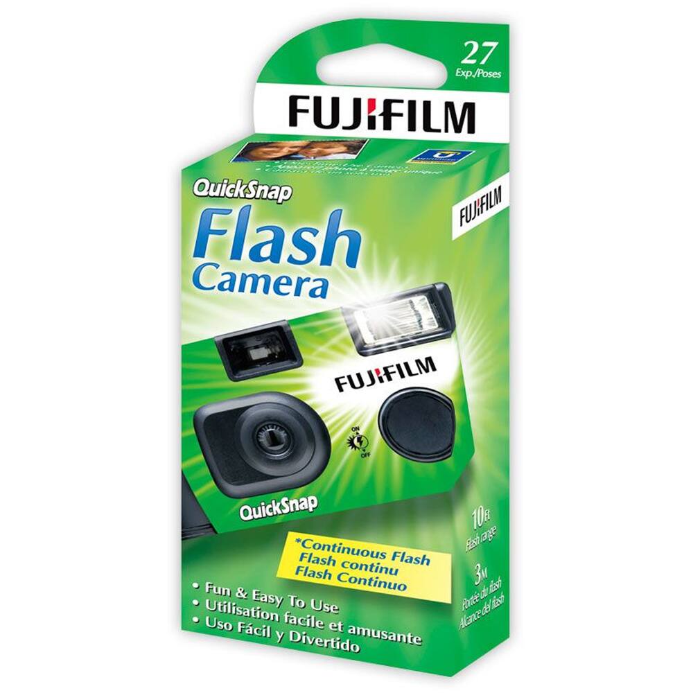 27 Exp./Poses  
FUJIFILM QuickSnap Flash Camera  
FUJIFILM ON  
5 T0 QuickSnap 10 Flash  
*Continuous Flash  
Flash continu  
Flash continuo  
Fun & Easy To Use  
Utilisation facile et amusante  
Uso fácil y divertido