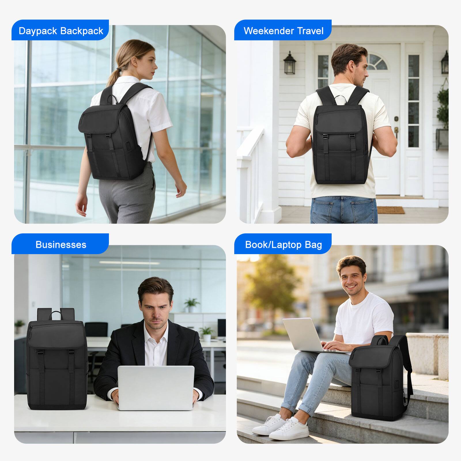 Daypack Backpack  
Weekender Travel  
Businesses  
Book/Laptop Bag