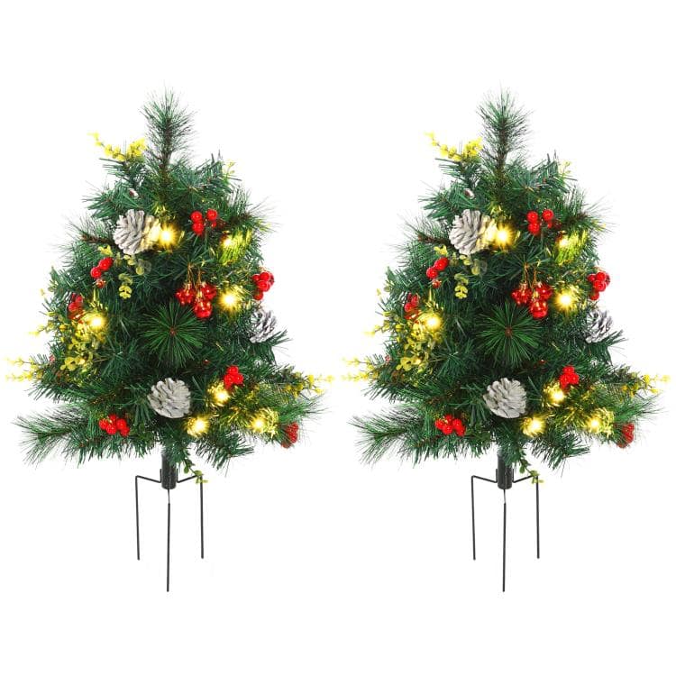 PULUZ - 24in Christmas Tree 2-Pack Outdoor Pre-Lit Artificial Pine Cordless with 24 Warm White Lights and Stakes - Green
