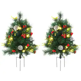 PULUZ - 24in Christmas Tree 2-Pack Outdoor Pre-Lit Artificial Pine Cordless with 24 Warm White Lights and Stakes - Green