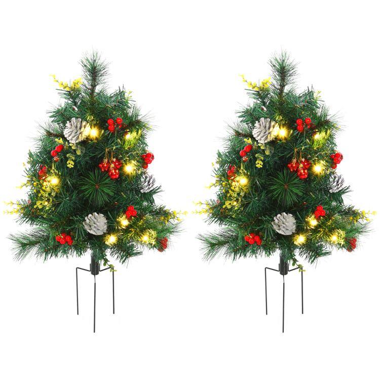 Front. PULUZ - 24in Christmas Tree 2-Pack Outdoor Pre-Lit Artificial Pine Cordless with 24 Warm White Lights and Stakes - Green.