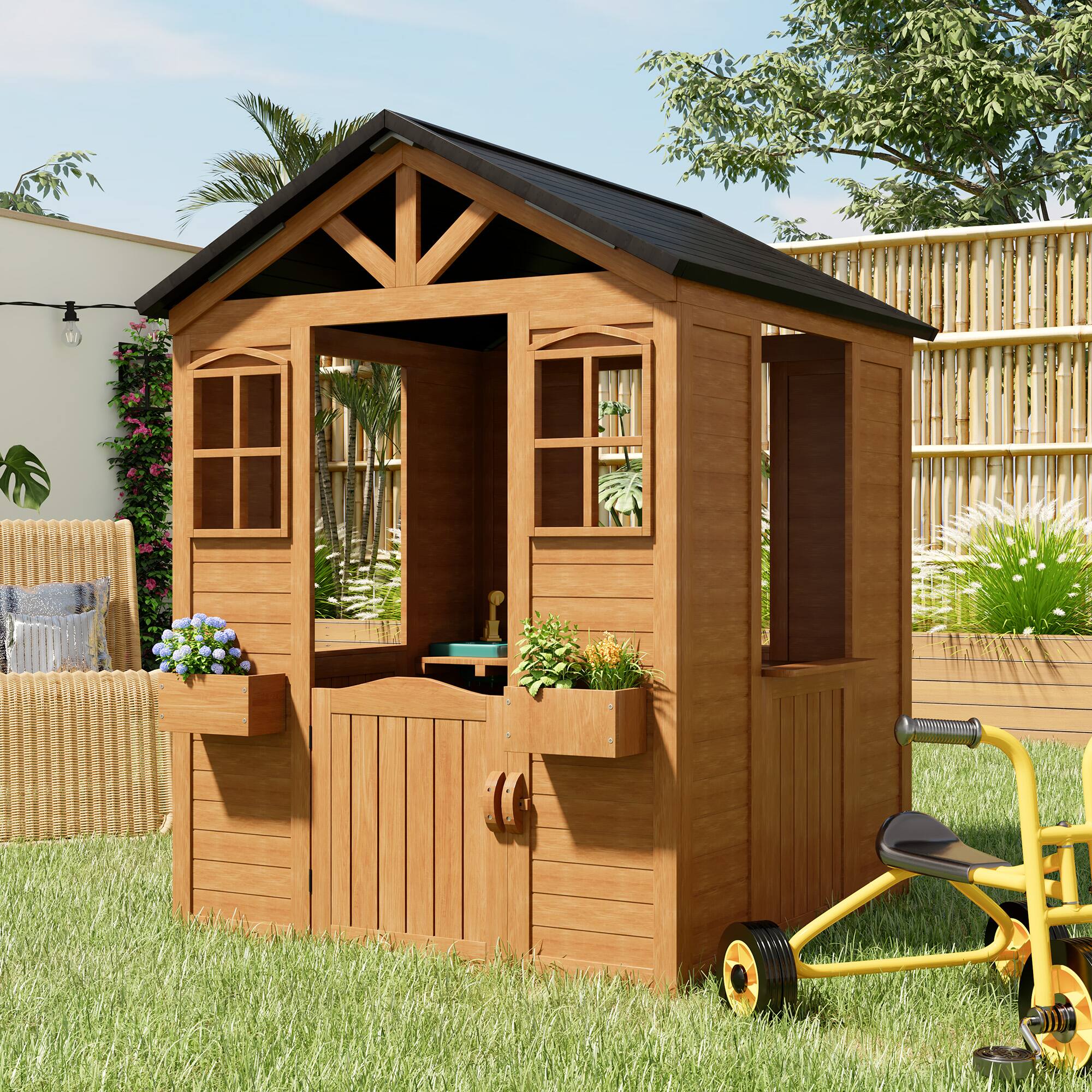 Back. U-HOMY - Wooden Playhouse for Kids with Door & Windows - Wood.