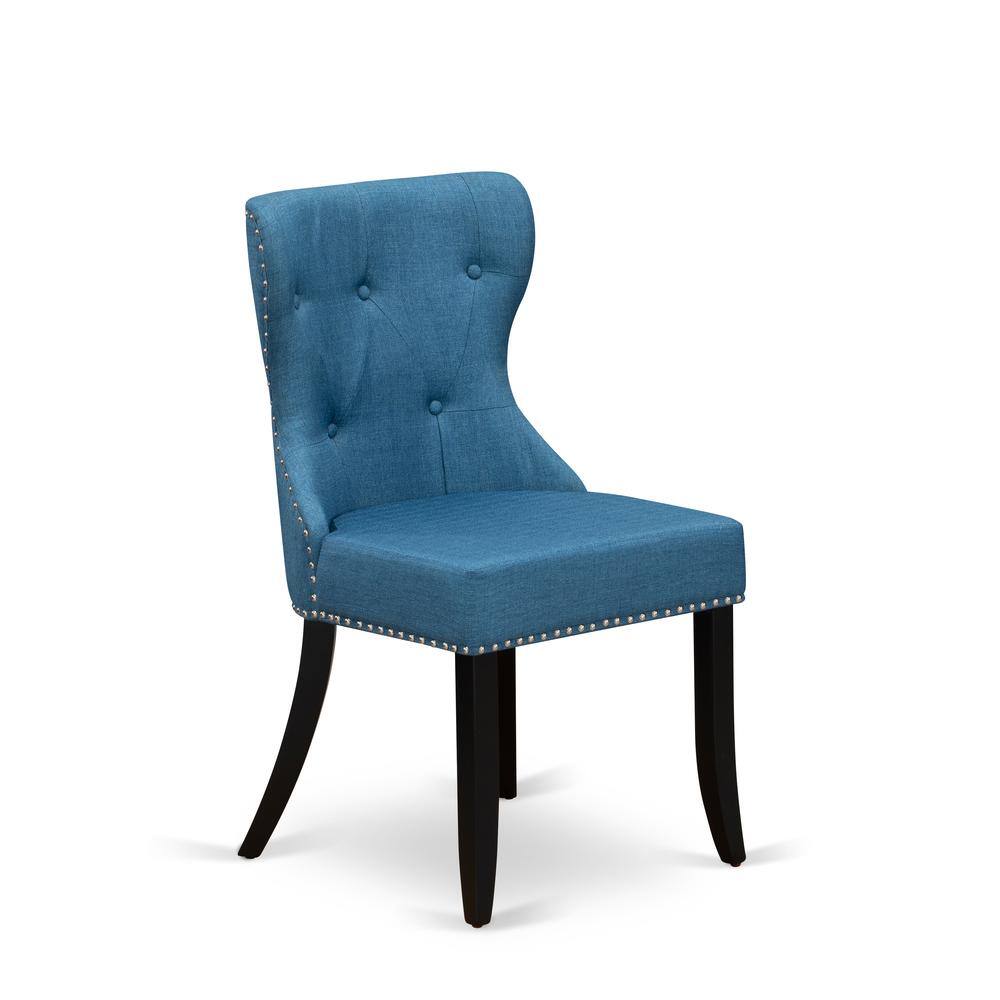 Alt View 2. East West Furniture - Set of 2 -Dinner Chairs Includes Black Wood Structure with Blue Linen Fabric Seat with Nail Head and Button Tufted Back - Black.
