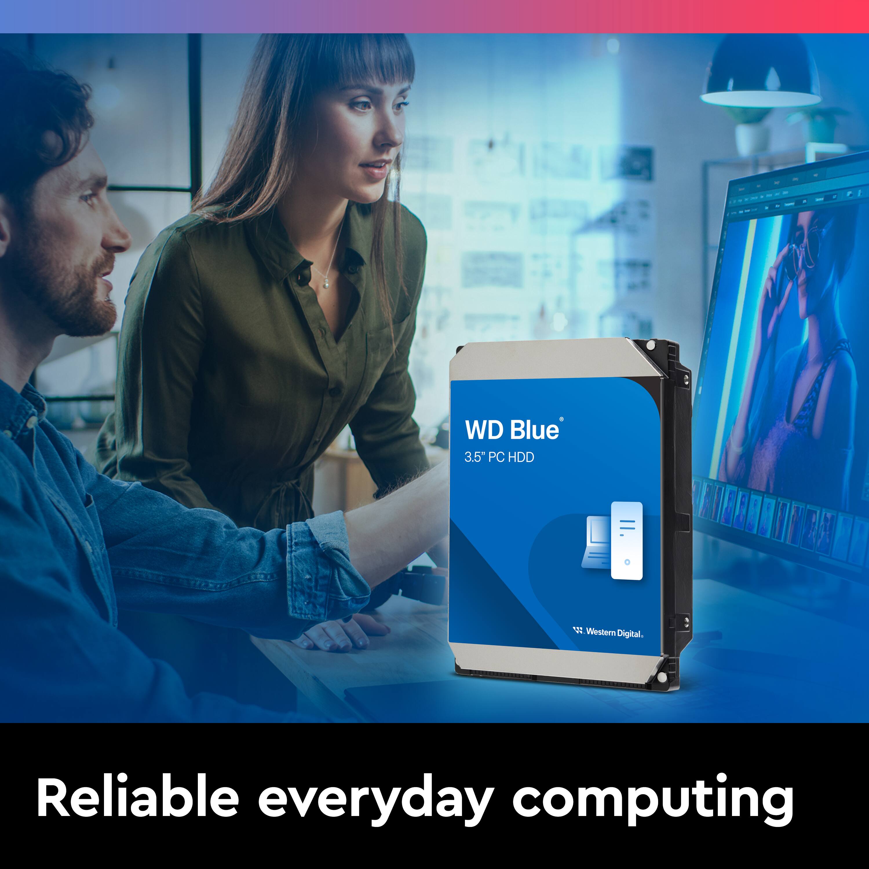 The text on the image reads: "Reliable everyday computing WD Blue 3.5" PC HDD 1 Western Digital."