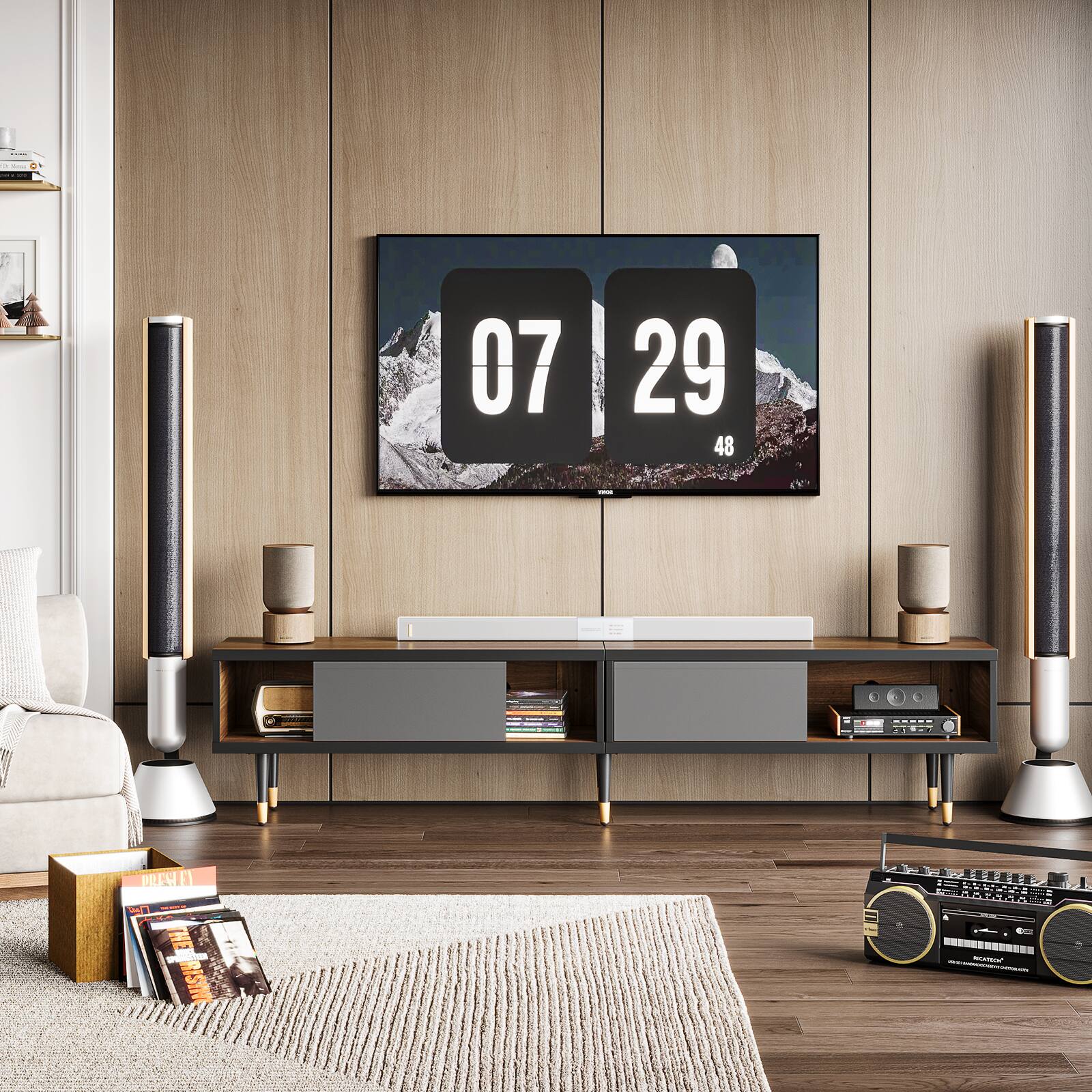 Angle. Bestier - Bestier 80-Inch Mid-Century Modern Coffee Table with Sliding Doors for Living Room - Ancona Walnut.