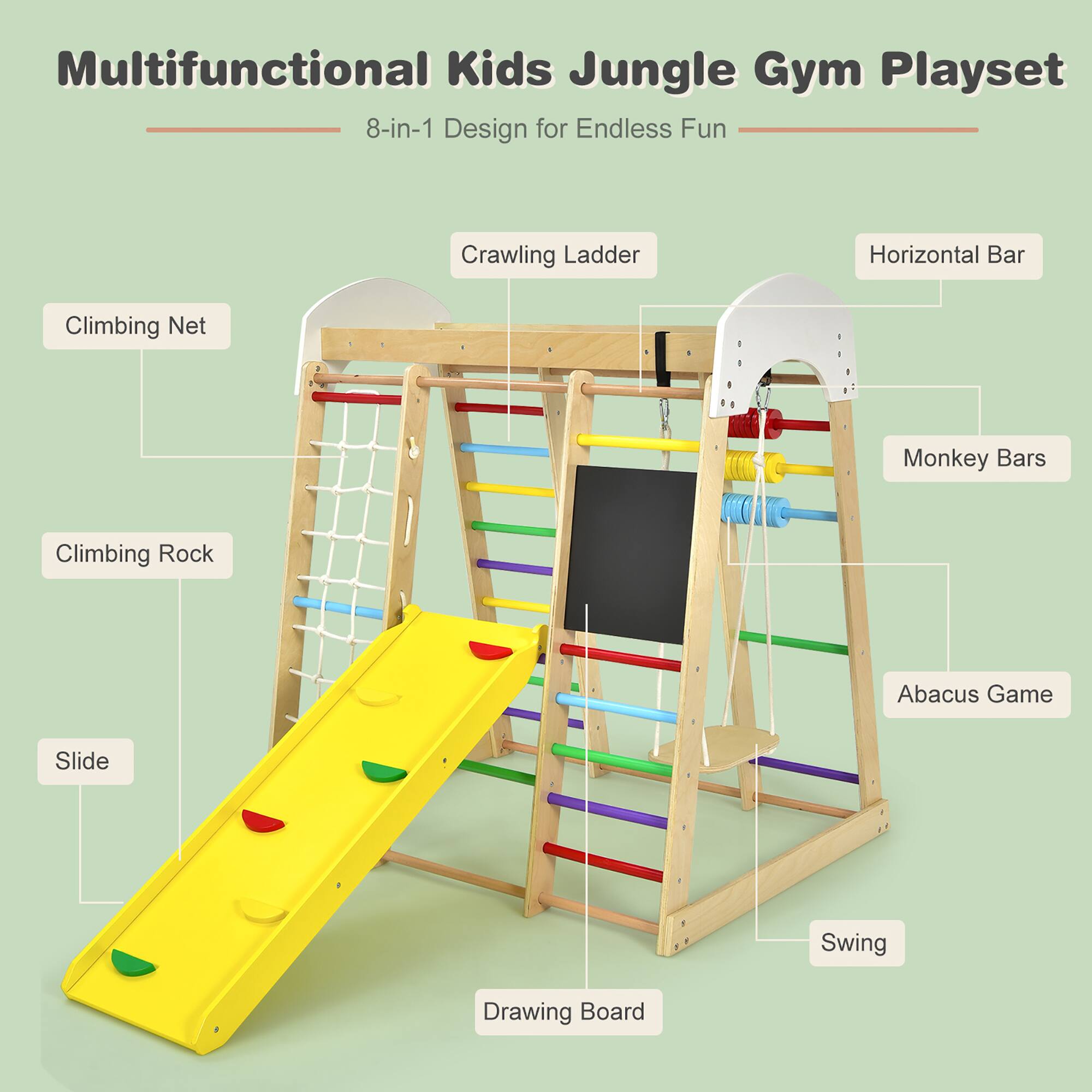 Costway Indoor Playground Climbing Gym Kids Wooden 8 in 1 Climber