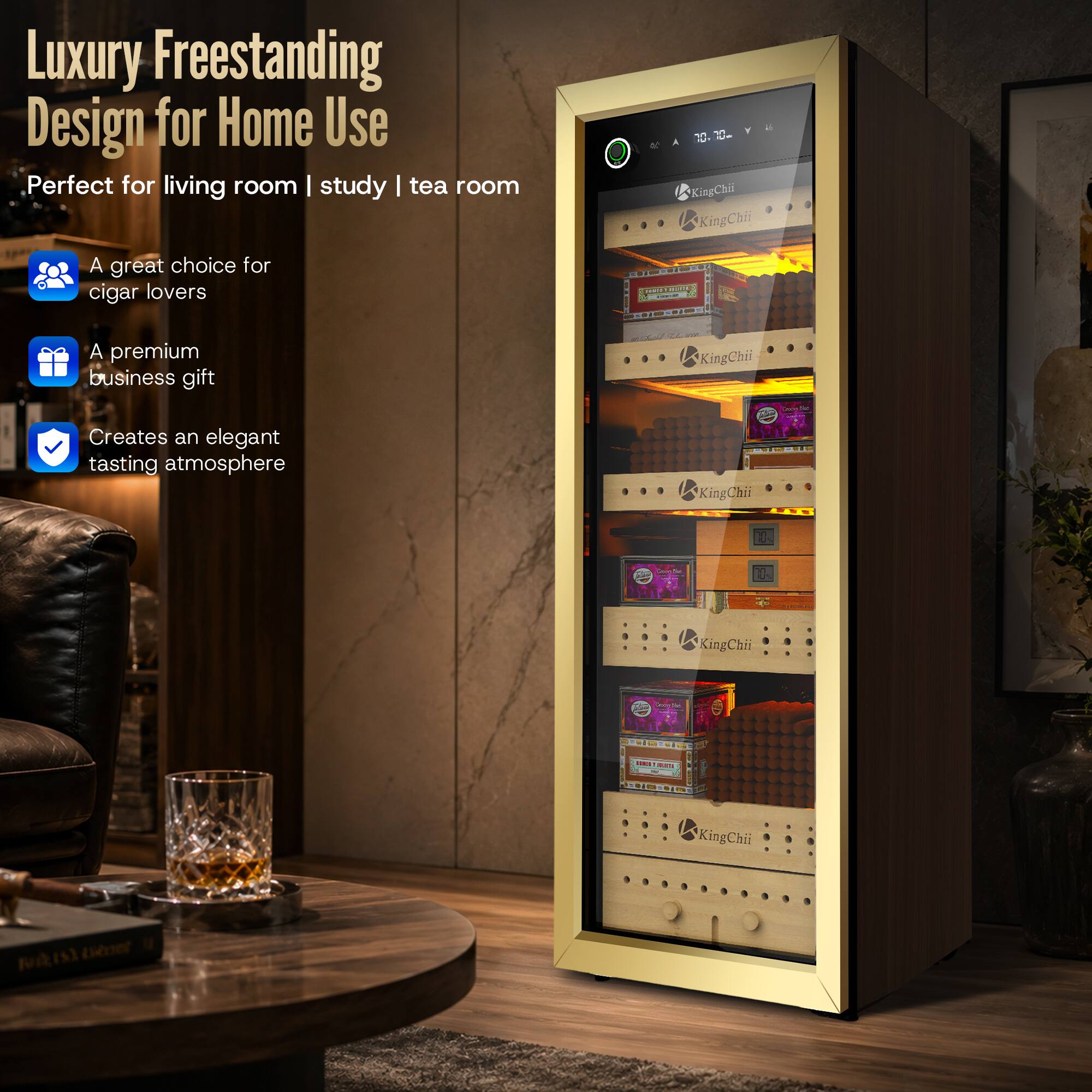 Luxury Freestanding Design for Home Use  
Perfect for living room | study | tea room

- A great choice for cigar lovers
- A premium business gift
- Creates an elegant tasting atmosphere

KingChii